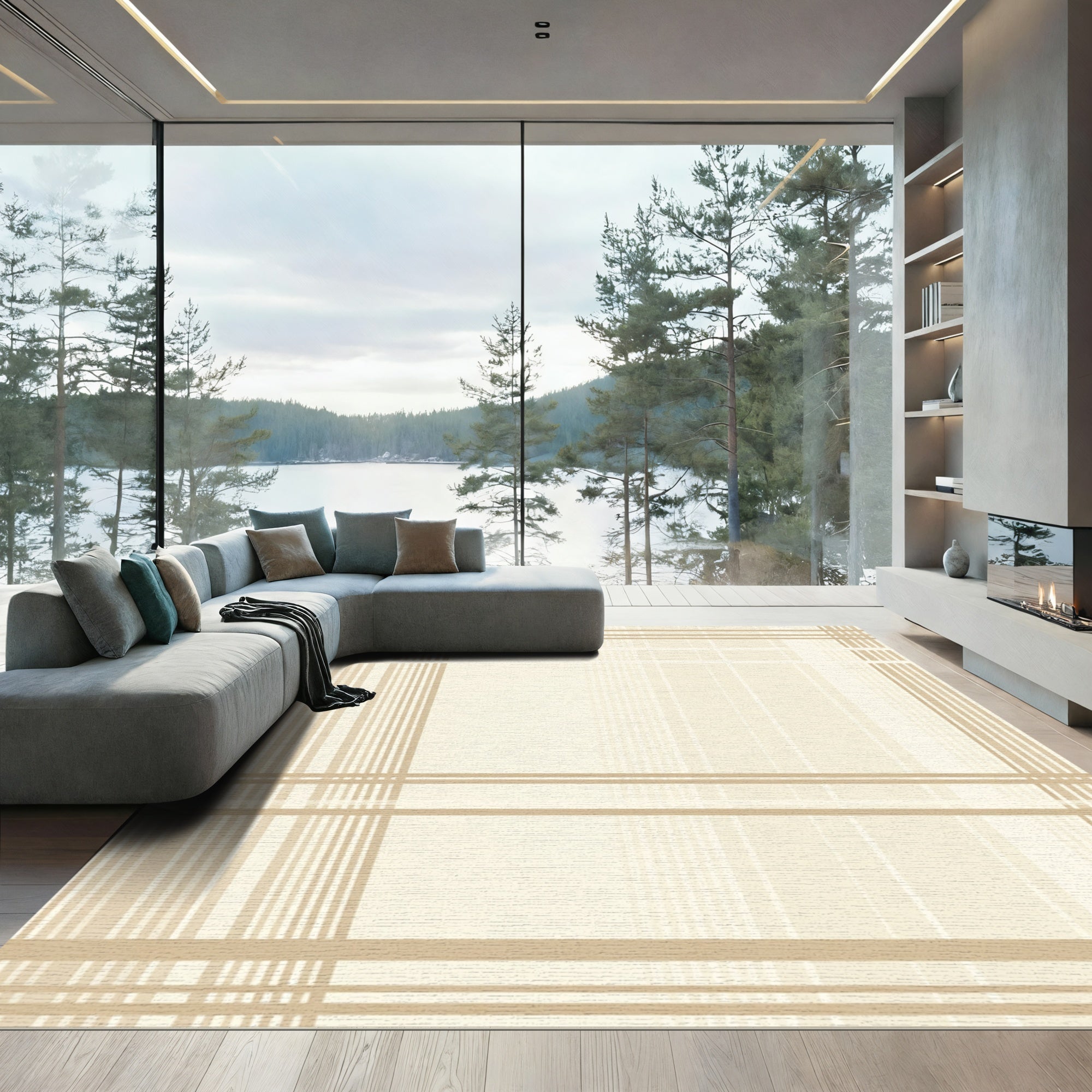 Neutral Beige Linear Plaid Rug