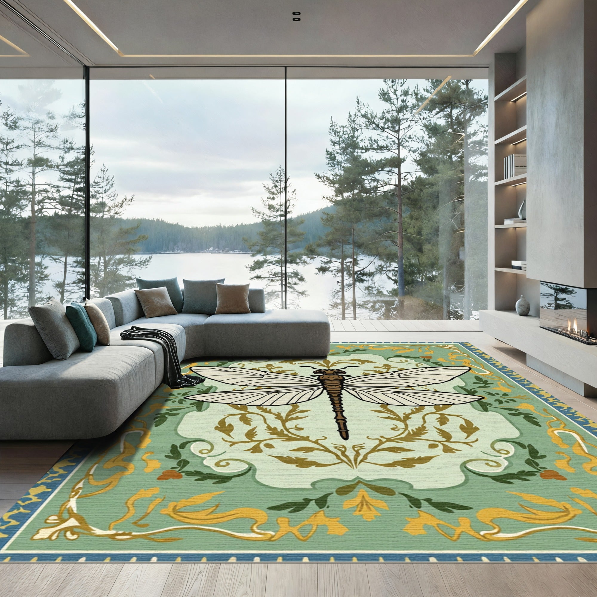 Emerald Dragonfly Floral Scroll Rug