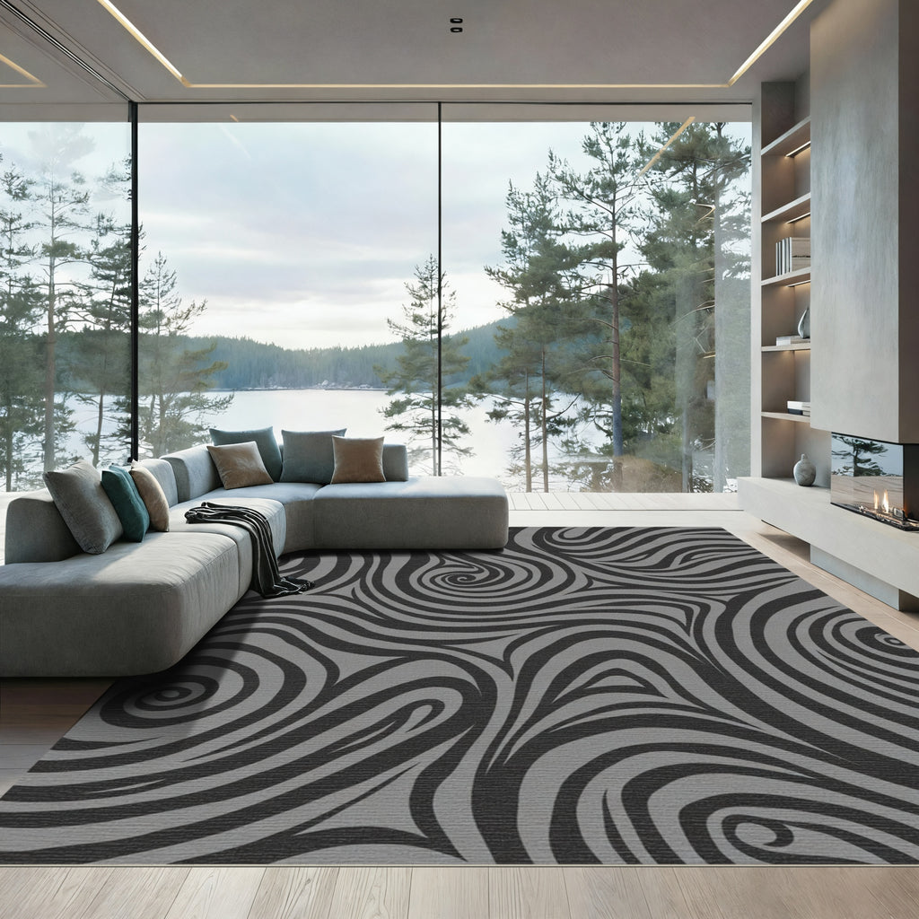 Dark Gray Abstract Swirl Fibers Rug
