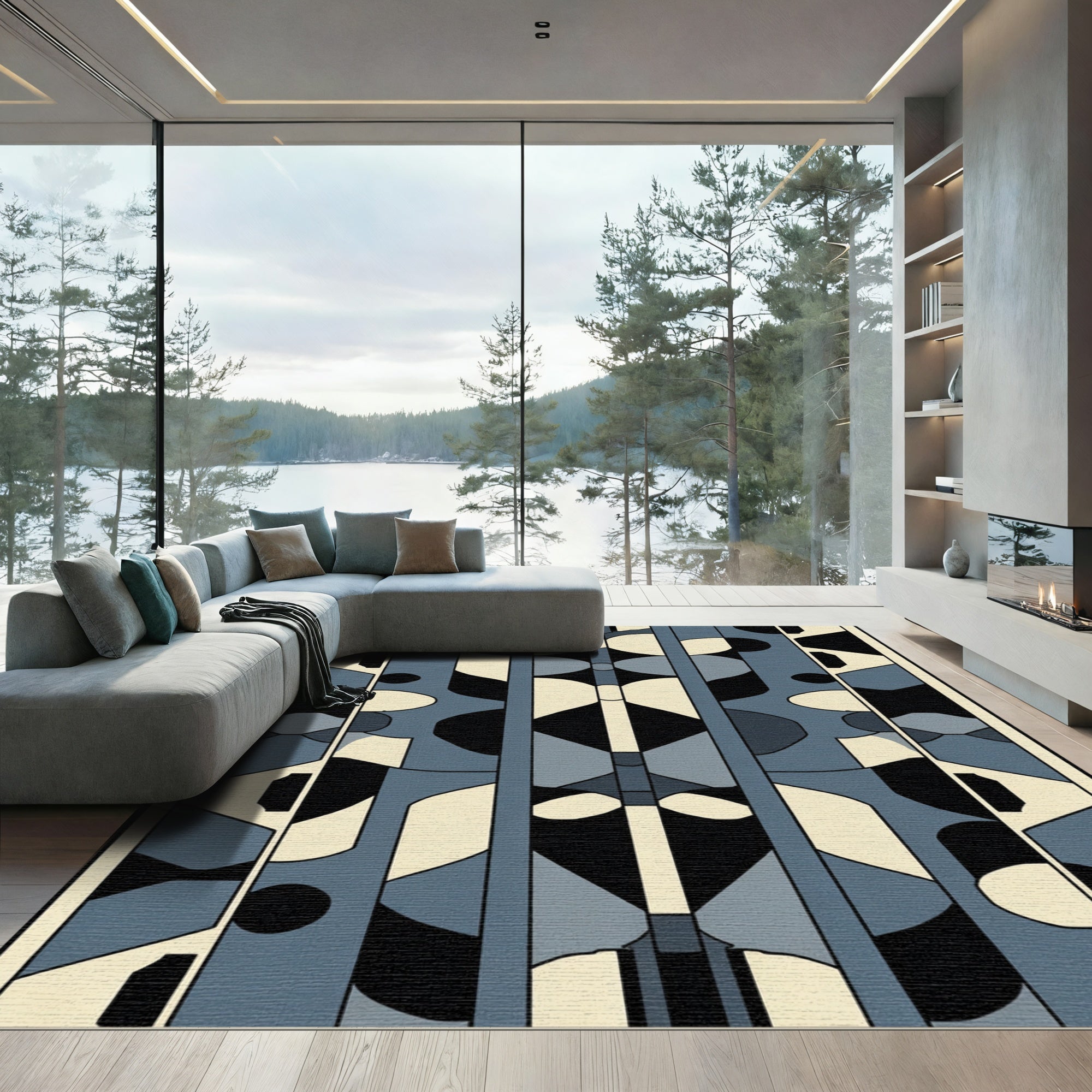 Slate Blue Geometric Abstract Shapes Rug