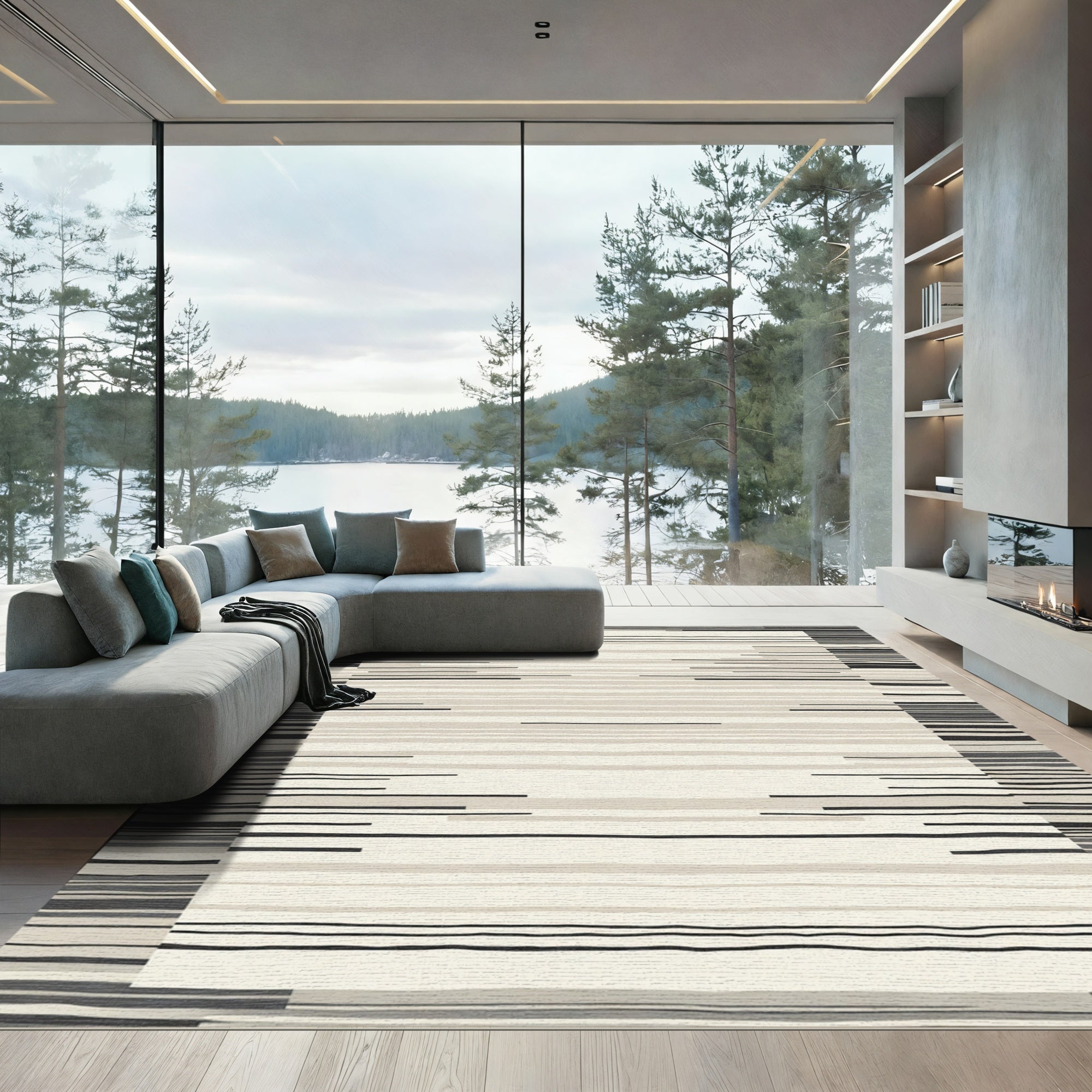 Striped Neutral Horizon Abstract Rug
