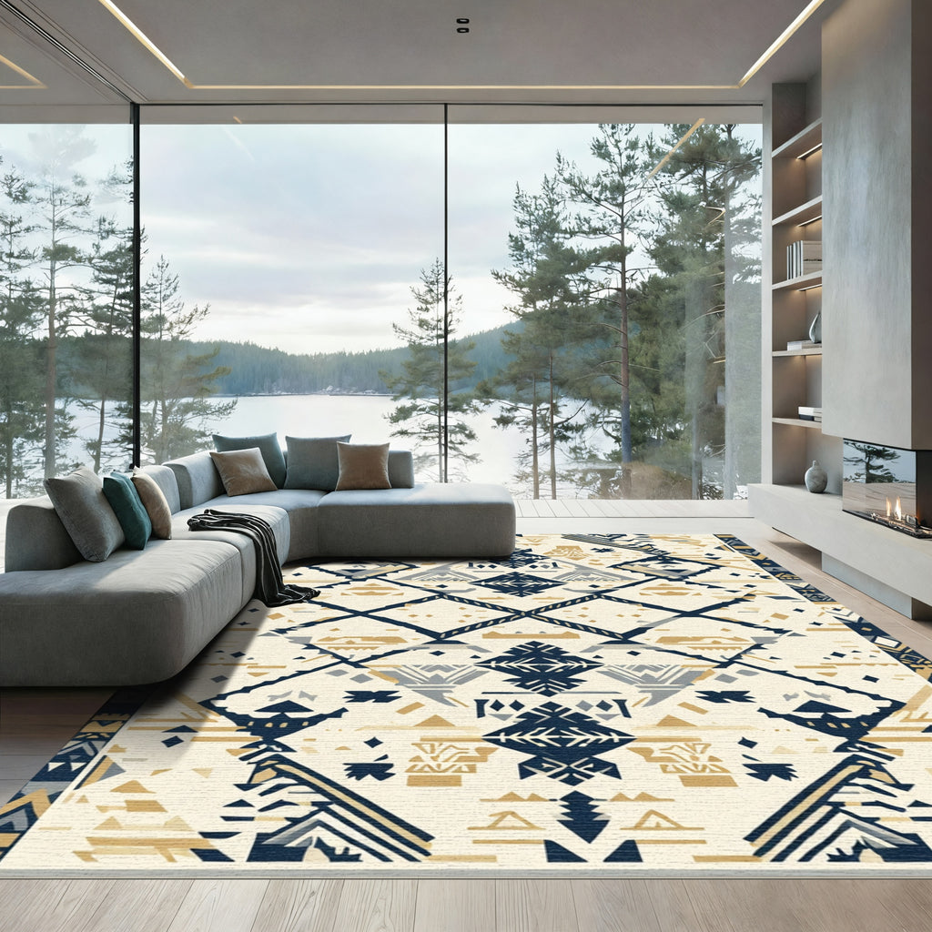 Cream Gray Navy Geometric Tribal Diamonds Rug