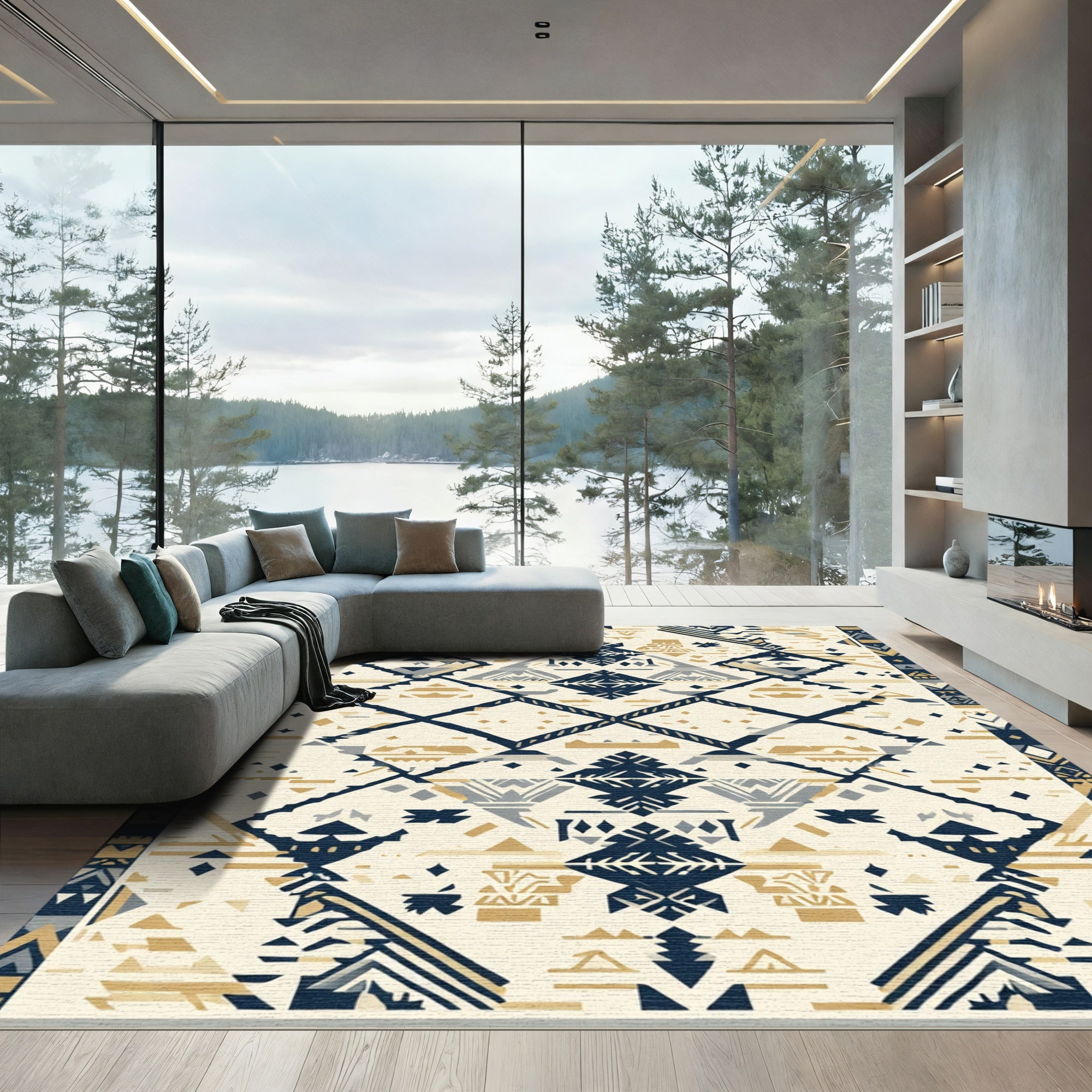 Cream Gray Navy Geometric Tribal Diamonds Rug