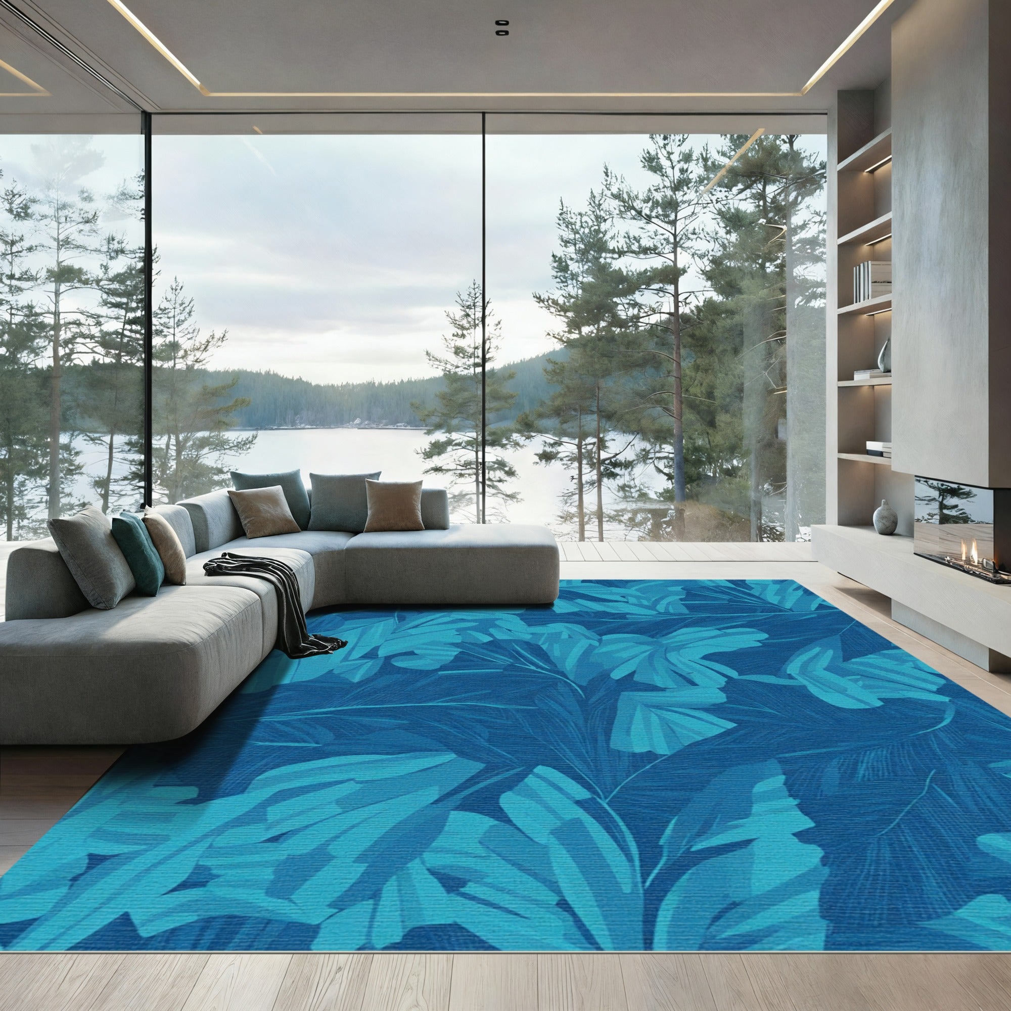 Deep Teal Lush Tropical Foliage Rug