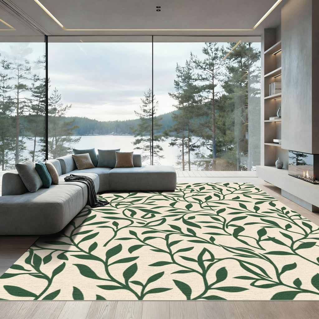 Olive Green Botanical Leaf Flow Rug