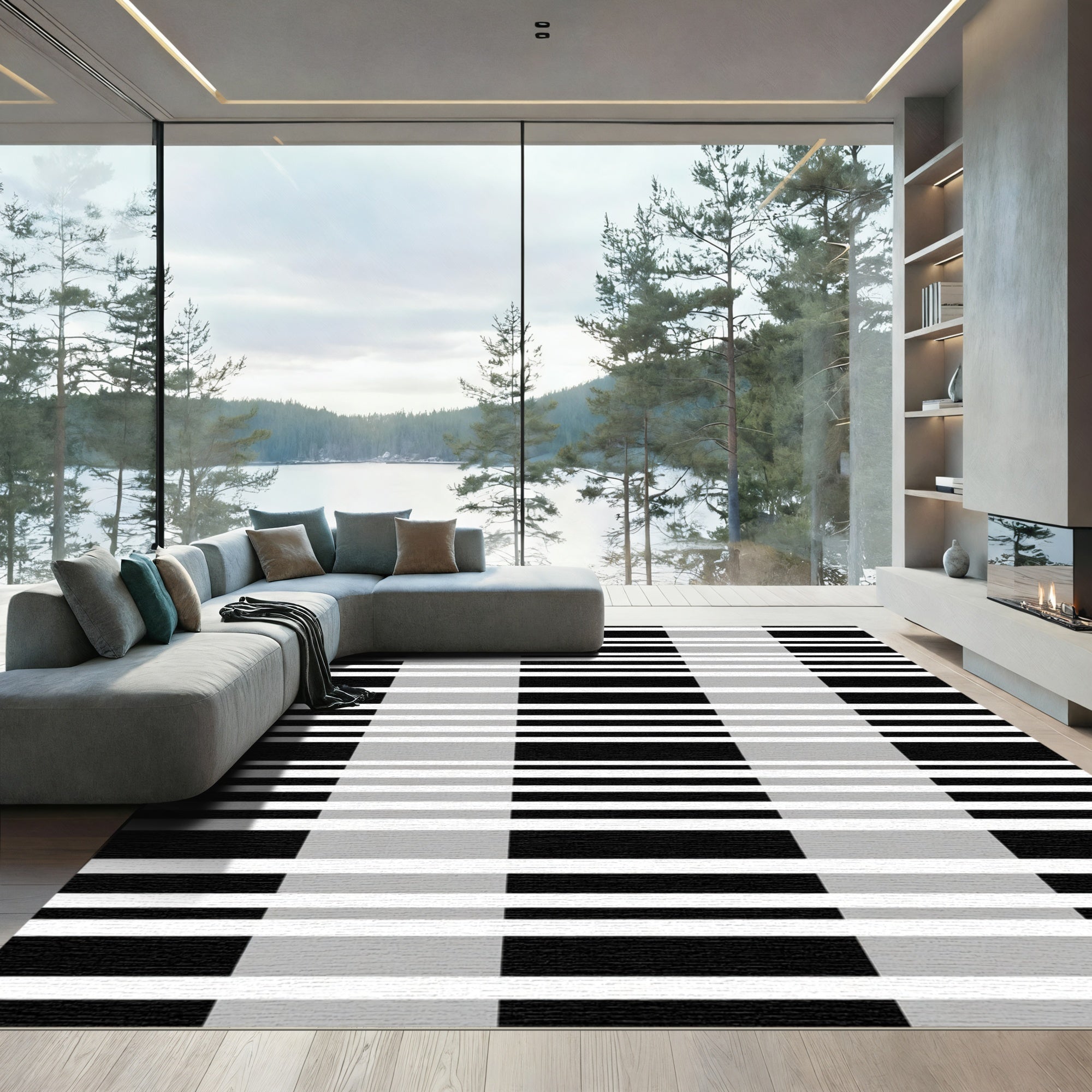 Classic Black Gray Plaid Strips Rug