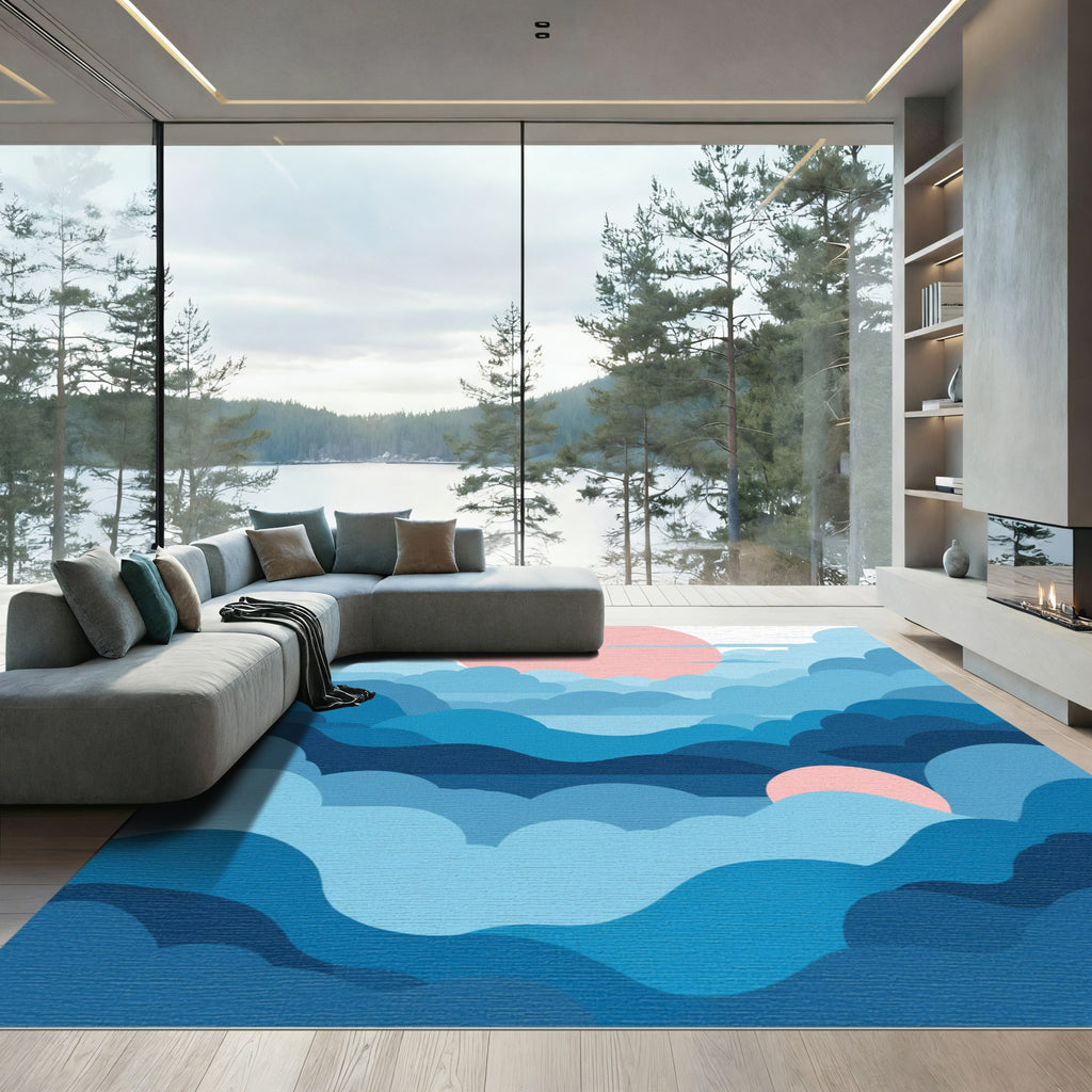Abstract Blue Cloudscape With Pink Sun Rug