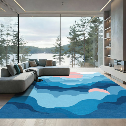 Abstract Blue Cloudscape With Pink Sun Rug