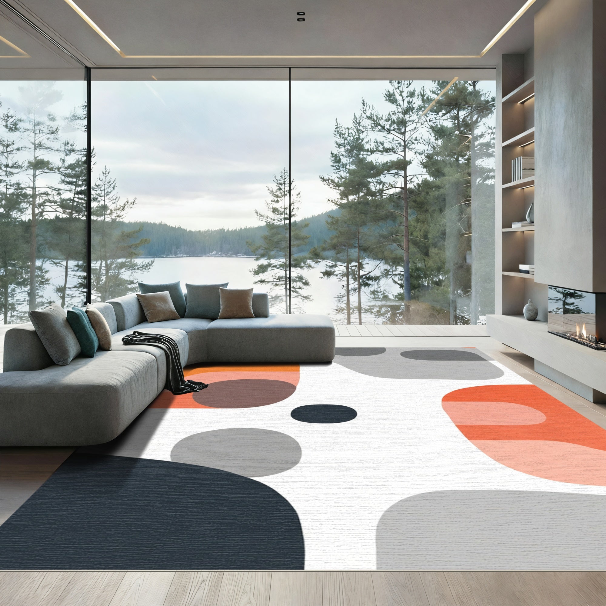 Orange Gray Abstract Organic Shape Rug