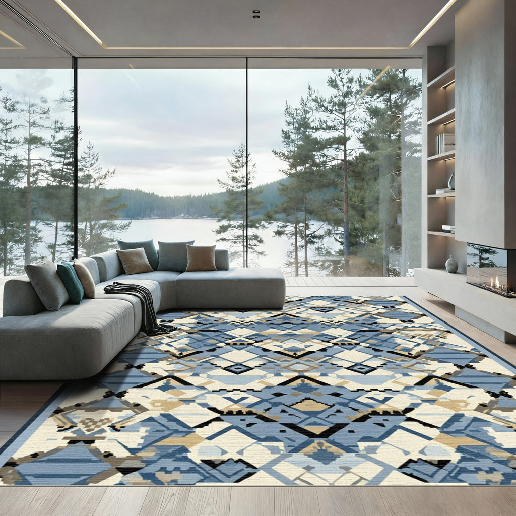 Geometric Blue Ochre Tribal Diamonds Rug