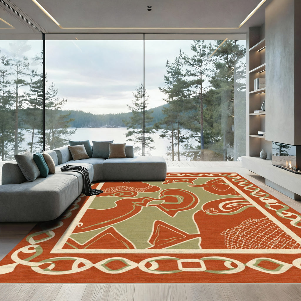 Terracotta Olive Abstract Organic Border Rug
