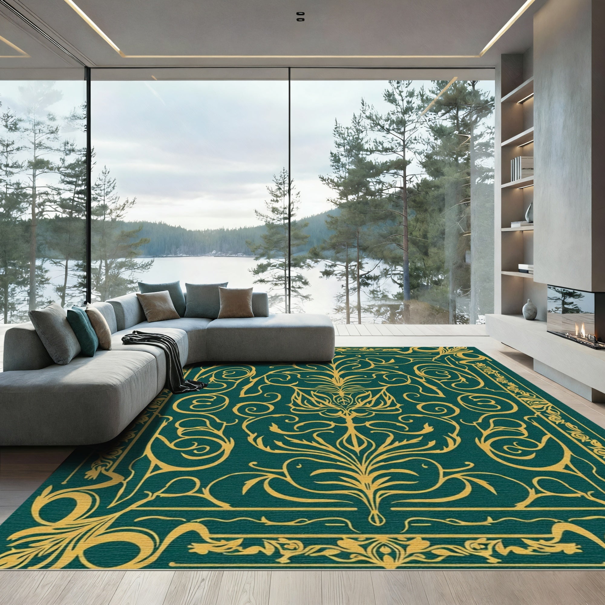 Emerald Gold Ornate Floral Scroll Rug