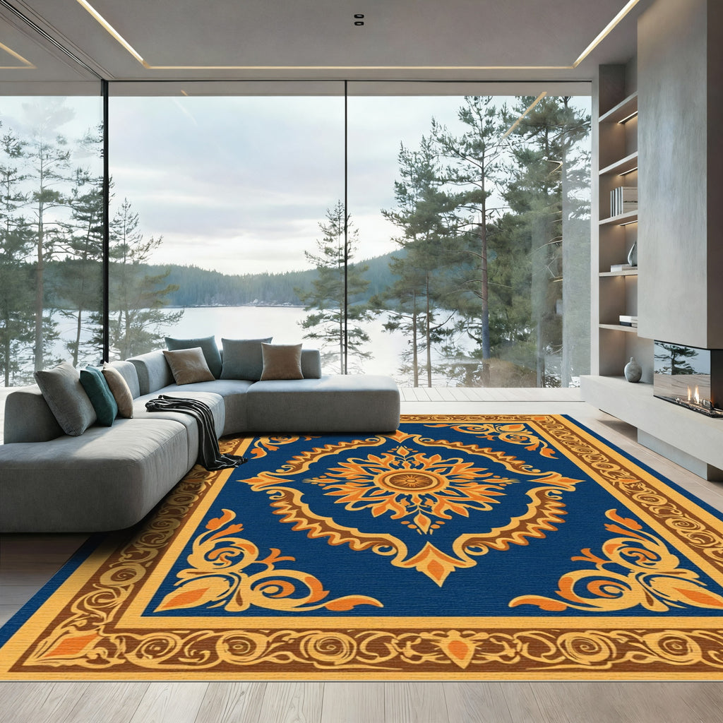Royal Blue Golden Medallion Sun Rug