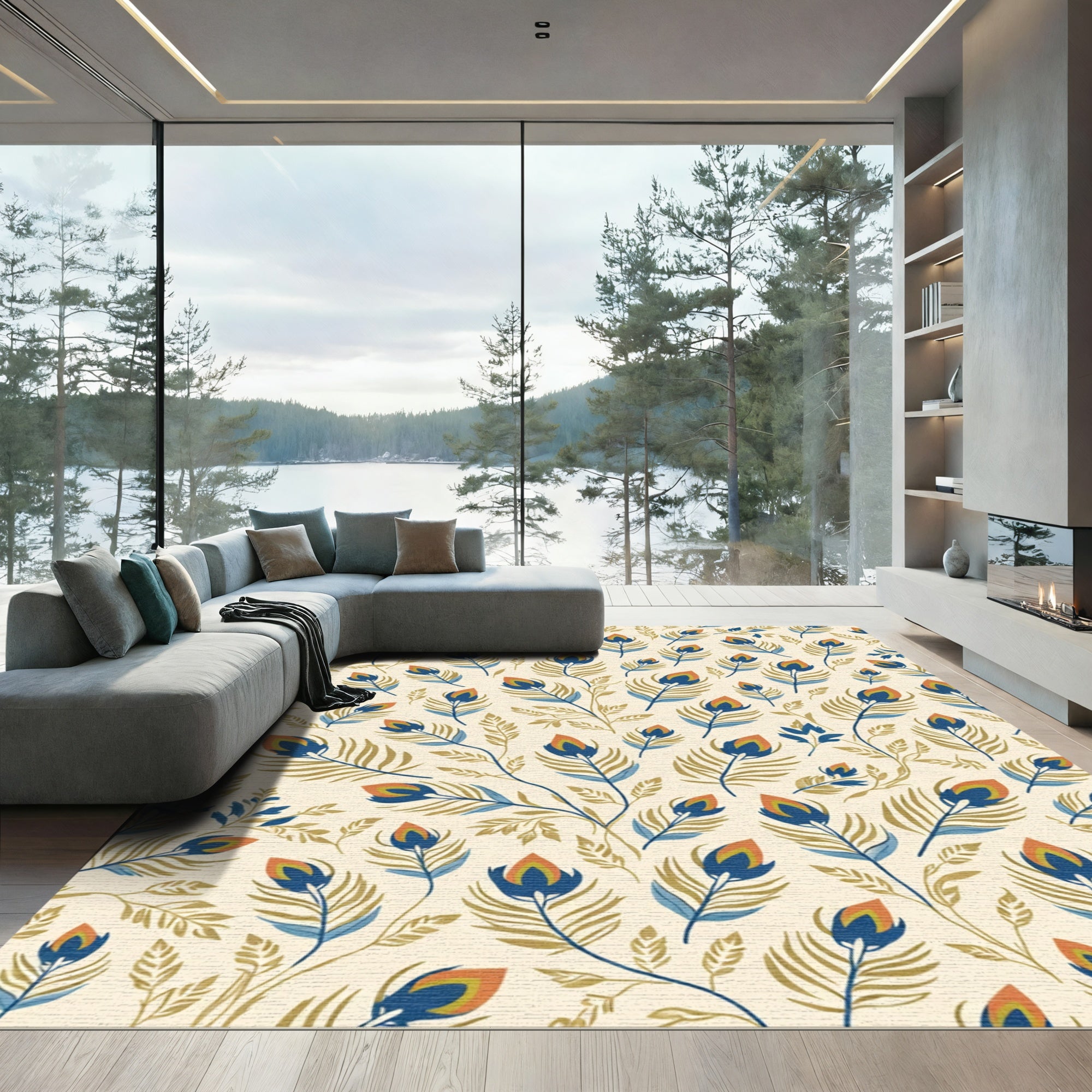 Golden Blue Feathered Branch Array Rug