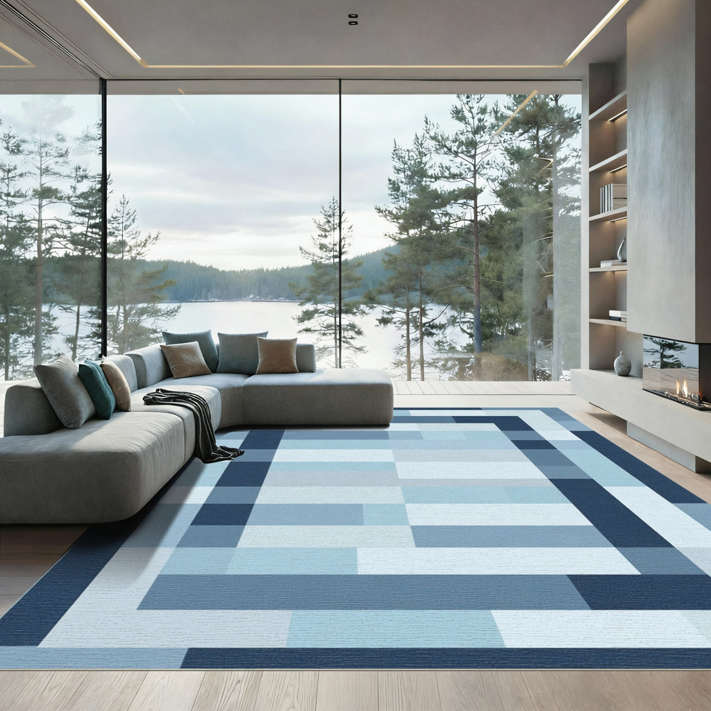 Modern Blue Geometric Rectangles Rug