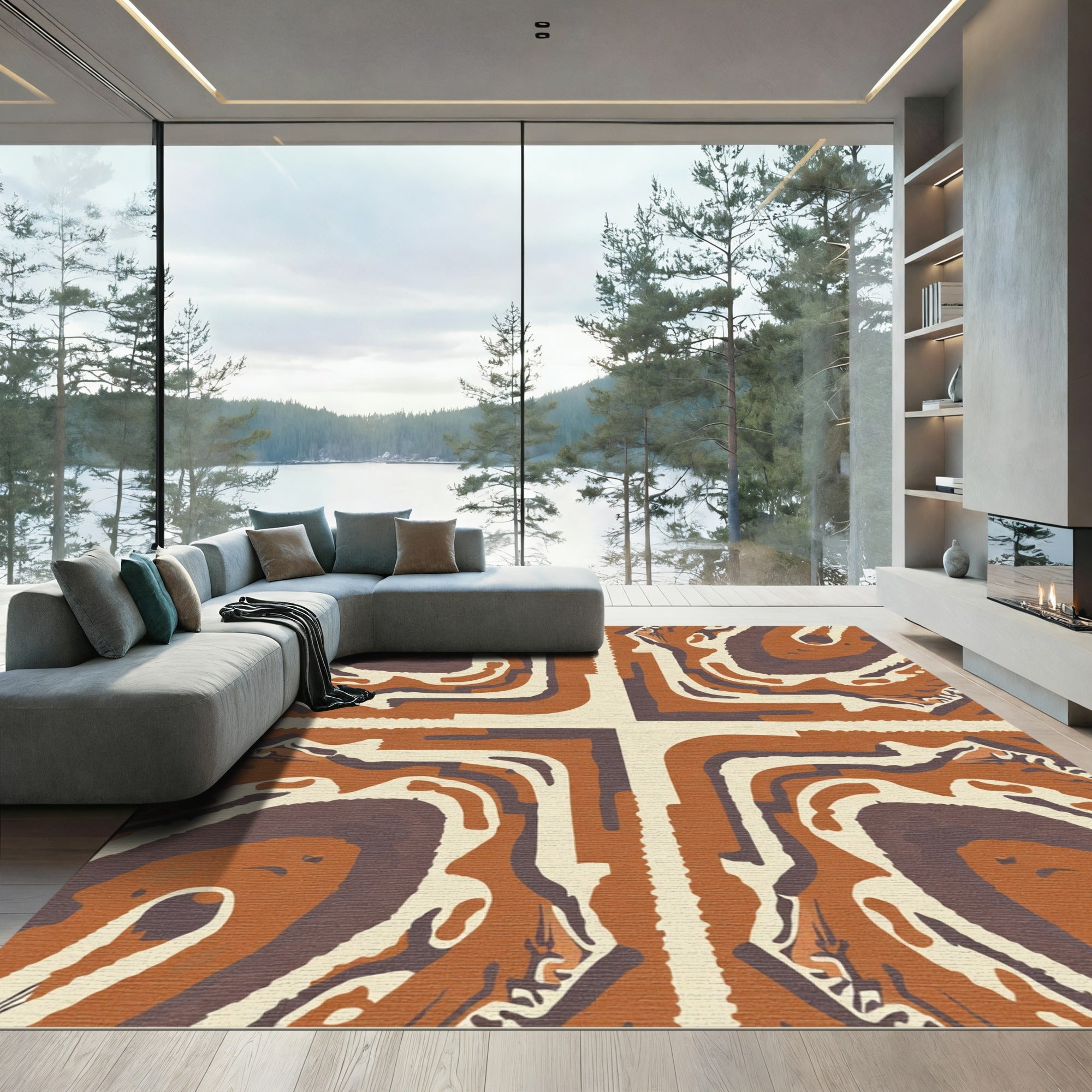 Terracotta Cream Abstract Banded Art Rug