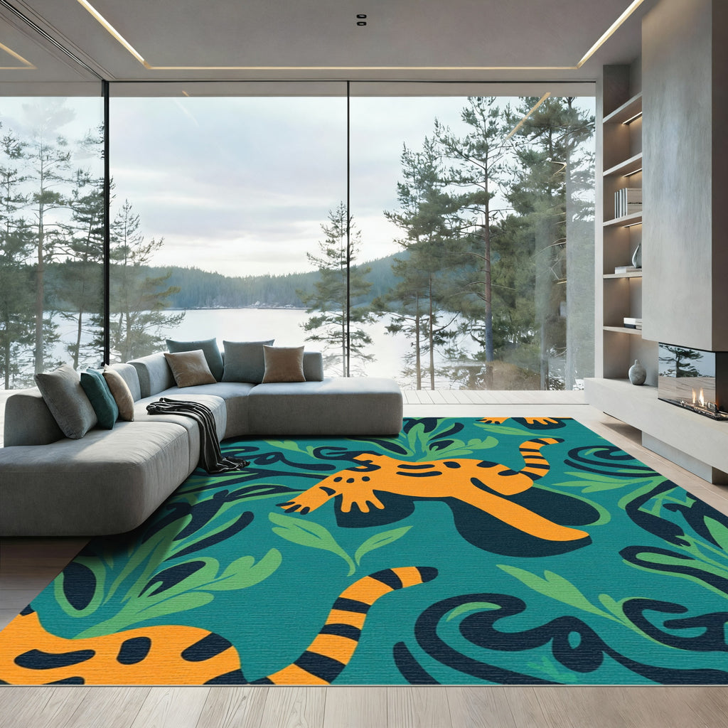 Orange Tiger Jungle Leaf Print Rug