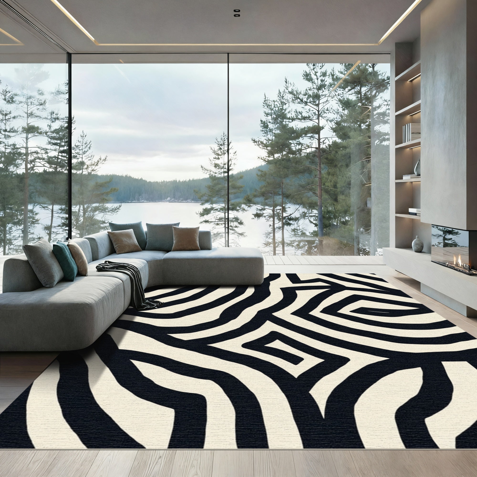 Bold Black Cream Abstract Lines Rug