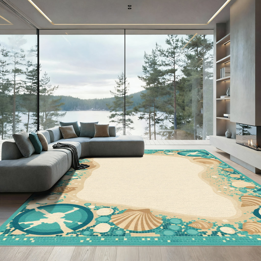 Coastal Seashell Mosaic Border Rug
