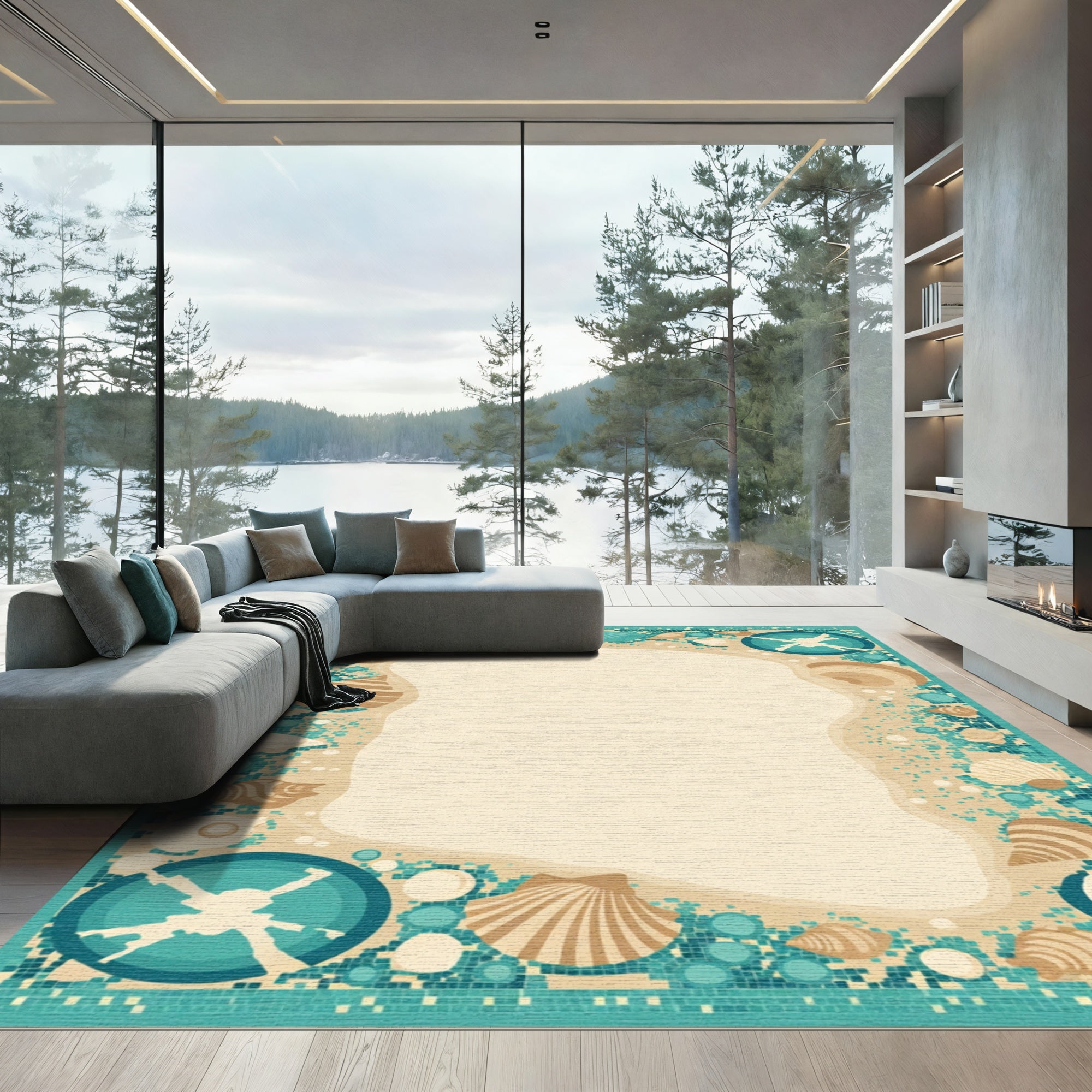 Coastal Seashell Mosaic Border Rug