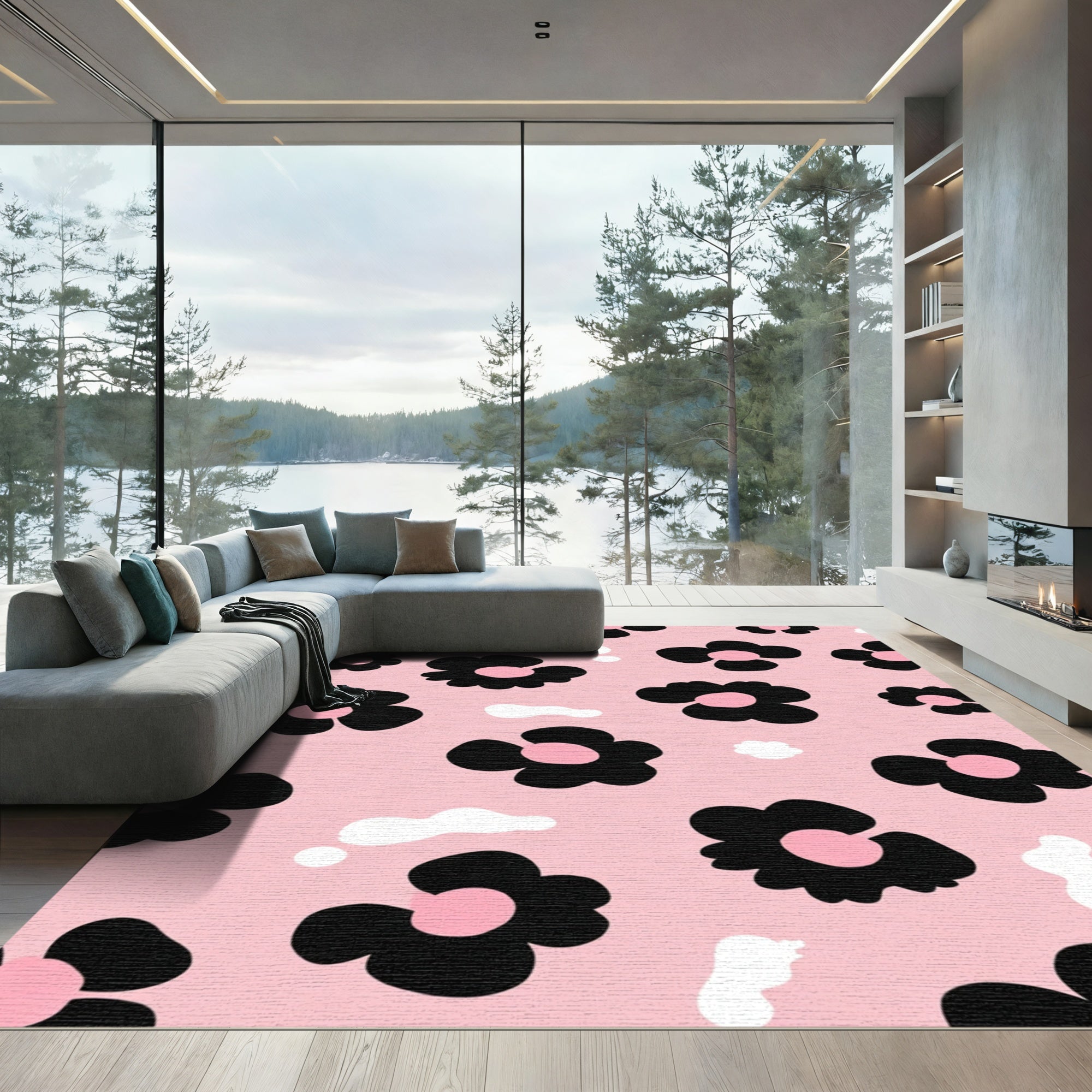 Pink Black Floral Aura Rug
