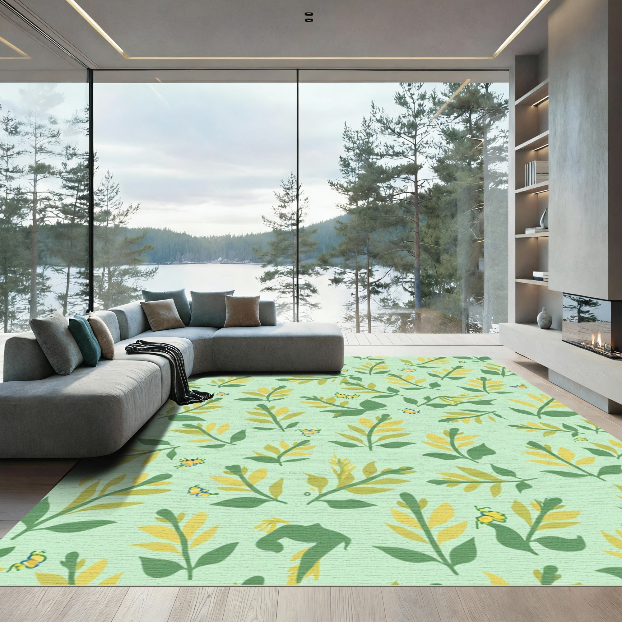 Whimsical Yellow Green Leaf Butterflies Rug