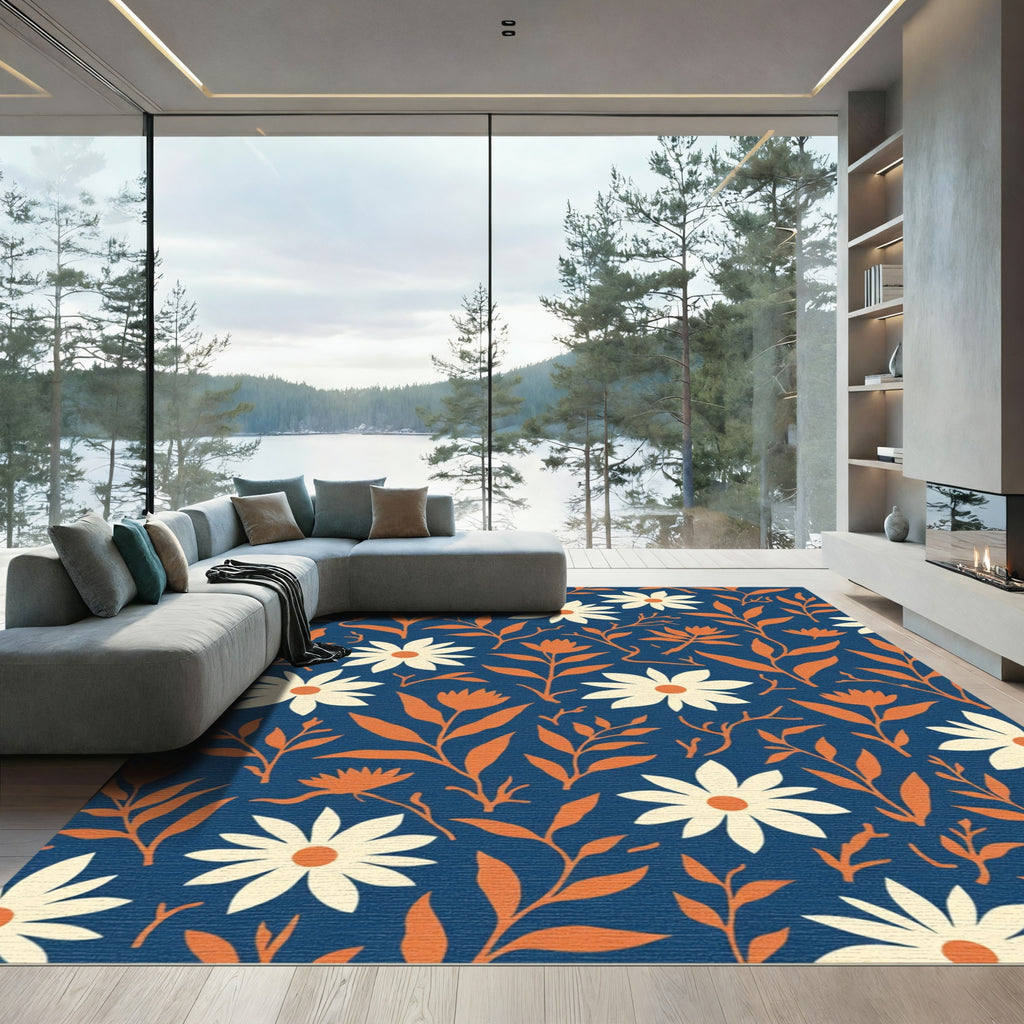 Navy Deep Orange Daisy Floral Meadow Rug