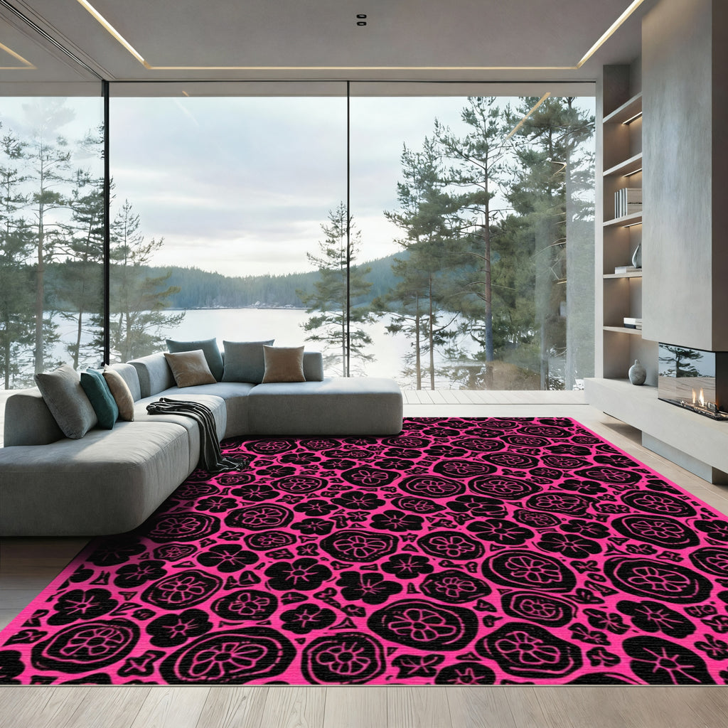 Bold Pink Blooming Flower Field Rug