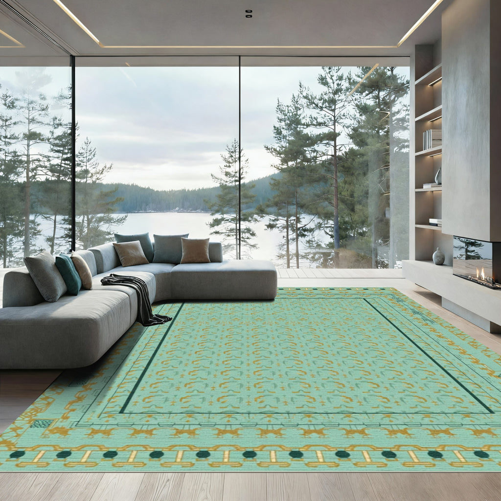 Teal Gold Geometric Arch Border Rug