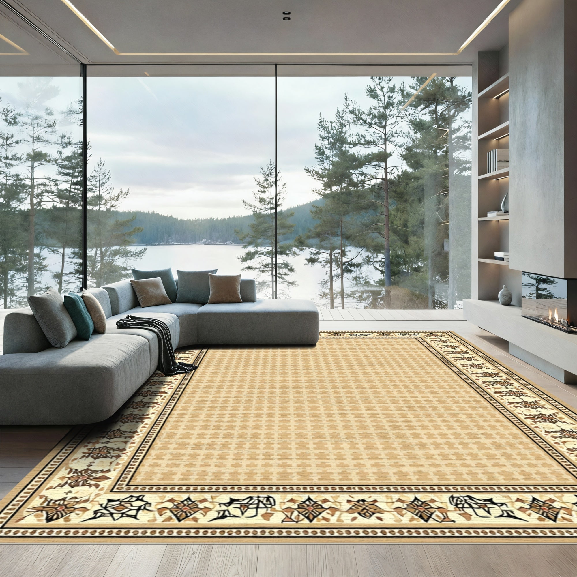 Beige Floral Medallion Border Rug