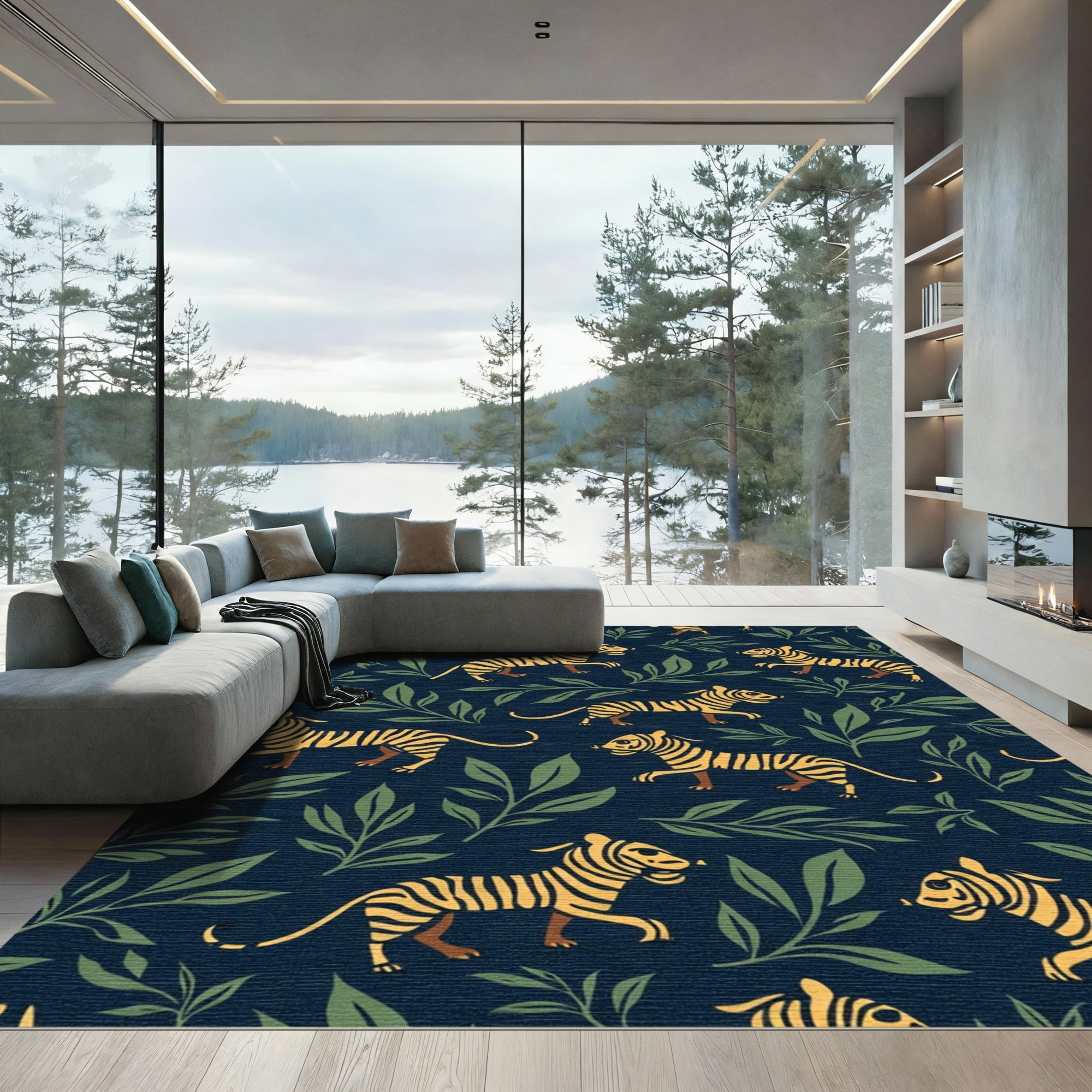 Golden Tigers Green Foliage Navy Rug