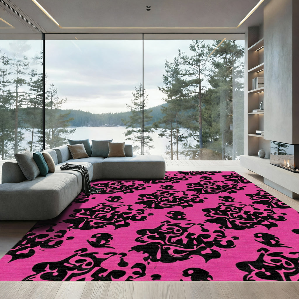 Pink Black Abstract Ink Swirl Rug