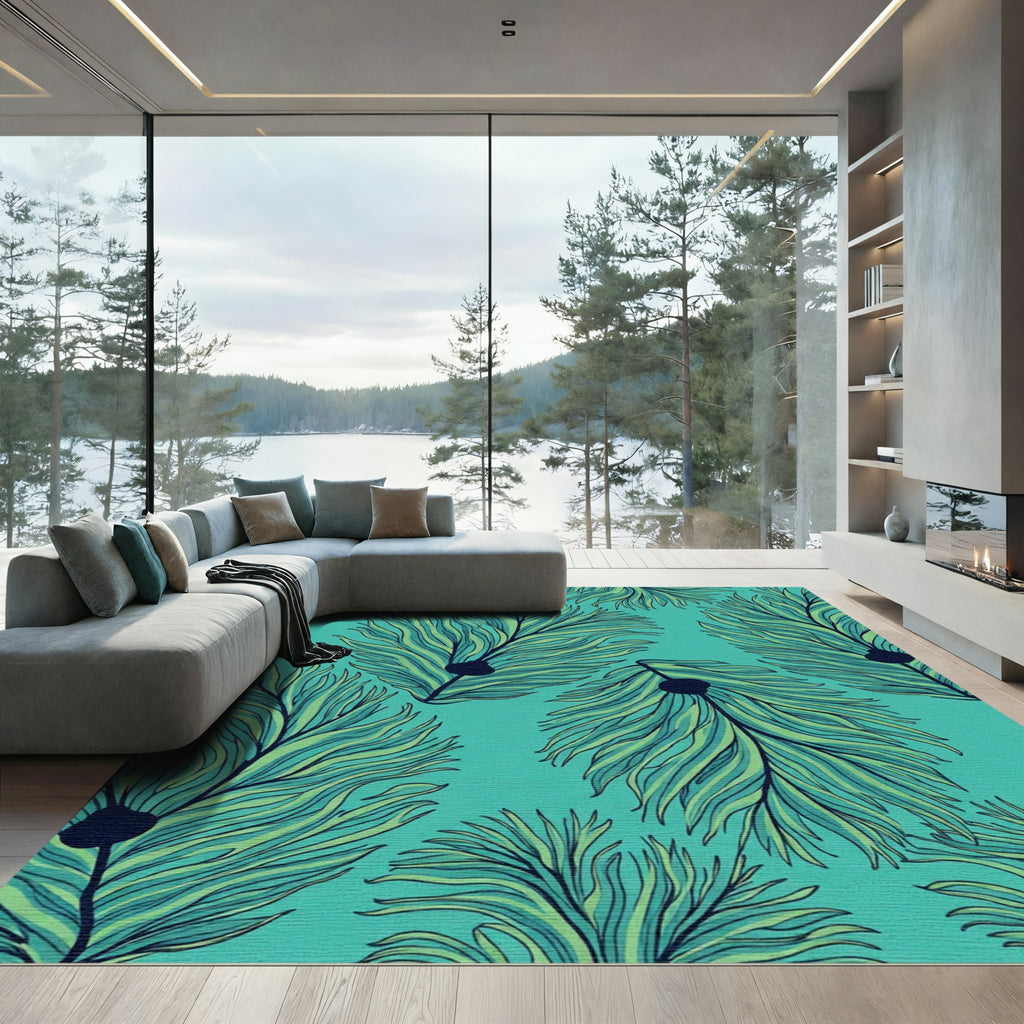 Teal Feathered Fern Organic Flow Rug