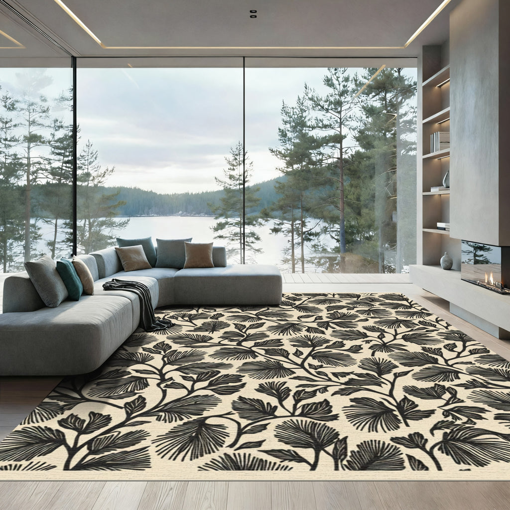 Black Pine Needle Botanical Arrangement Rug