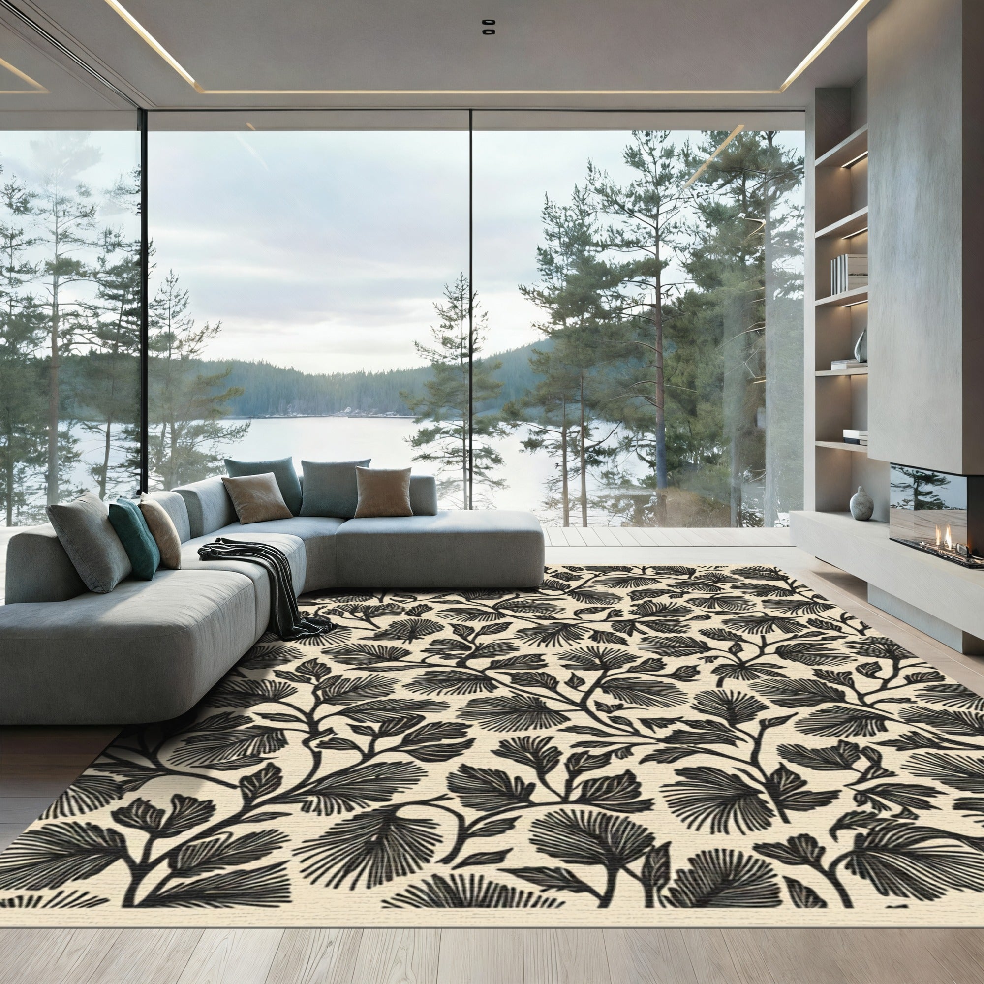 Black Pine Needle Botanical Arrangement Rug
