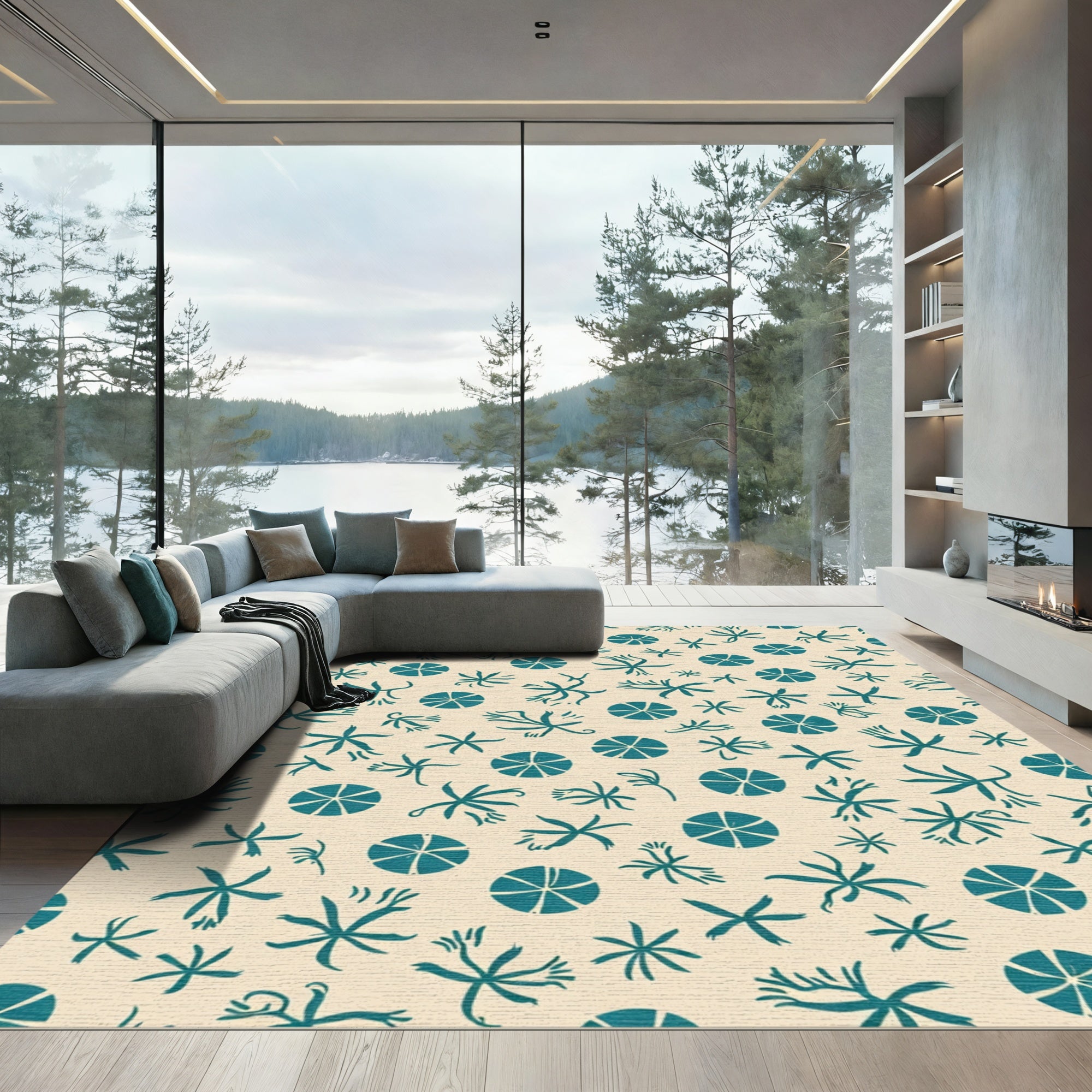 Teal Starfish and Circles on Cream Rug