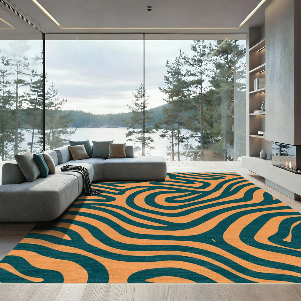 Deep Teal Orange Wavy Stripe Rug