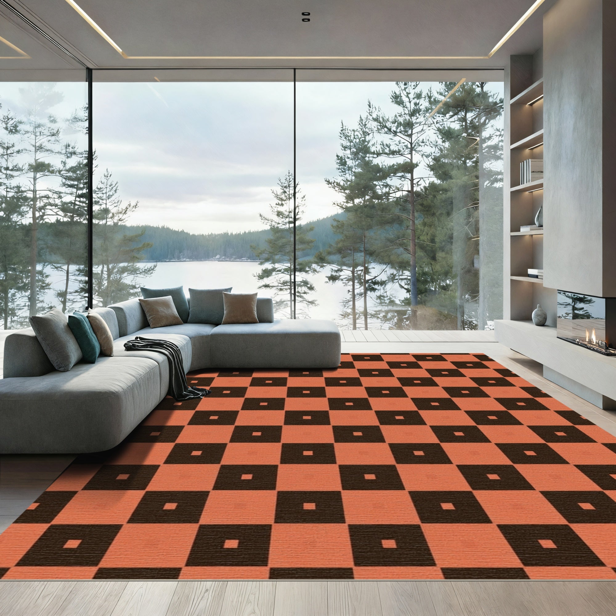 Burnt Orange Brown Checkered Squares Rug