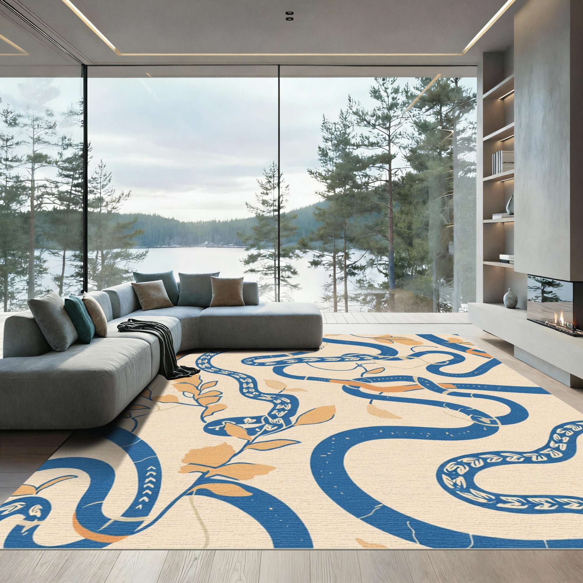 Blue Orange Serpent Botanical Abstract Rug