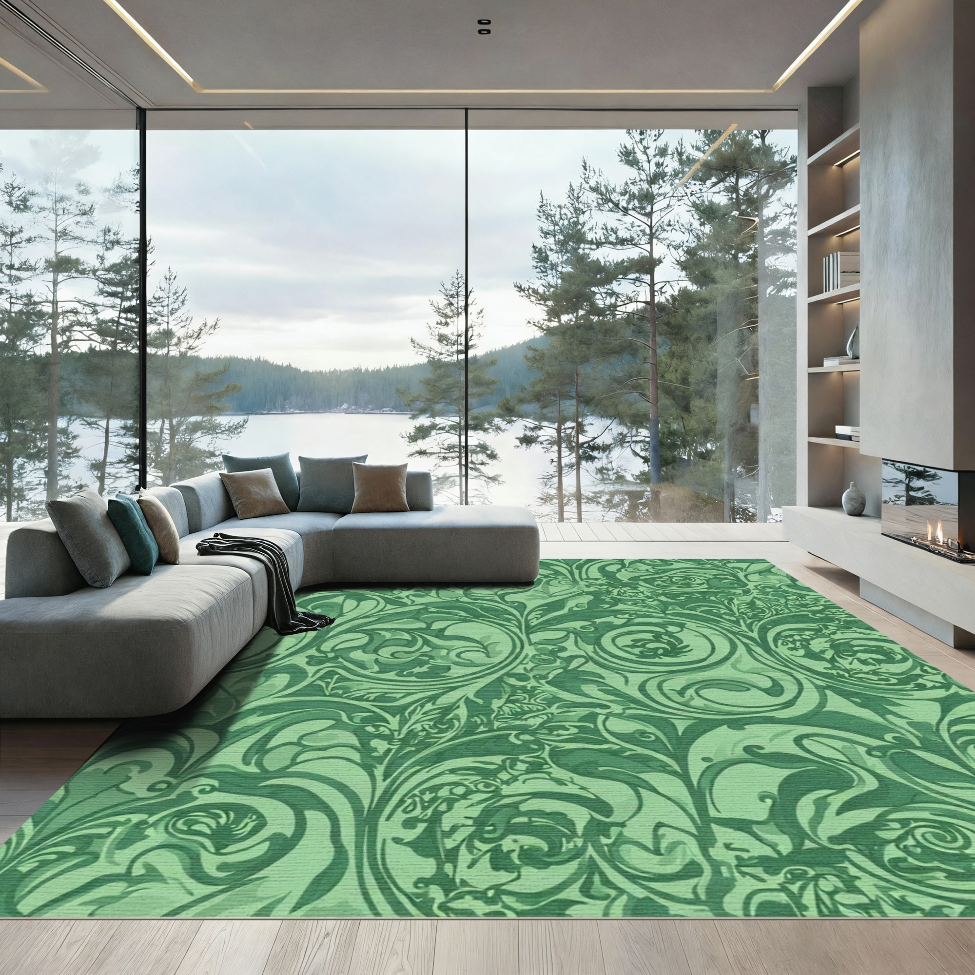 Emerald Green Floral Swirl Scroll Rug