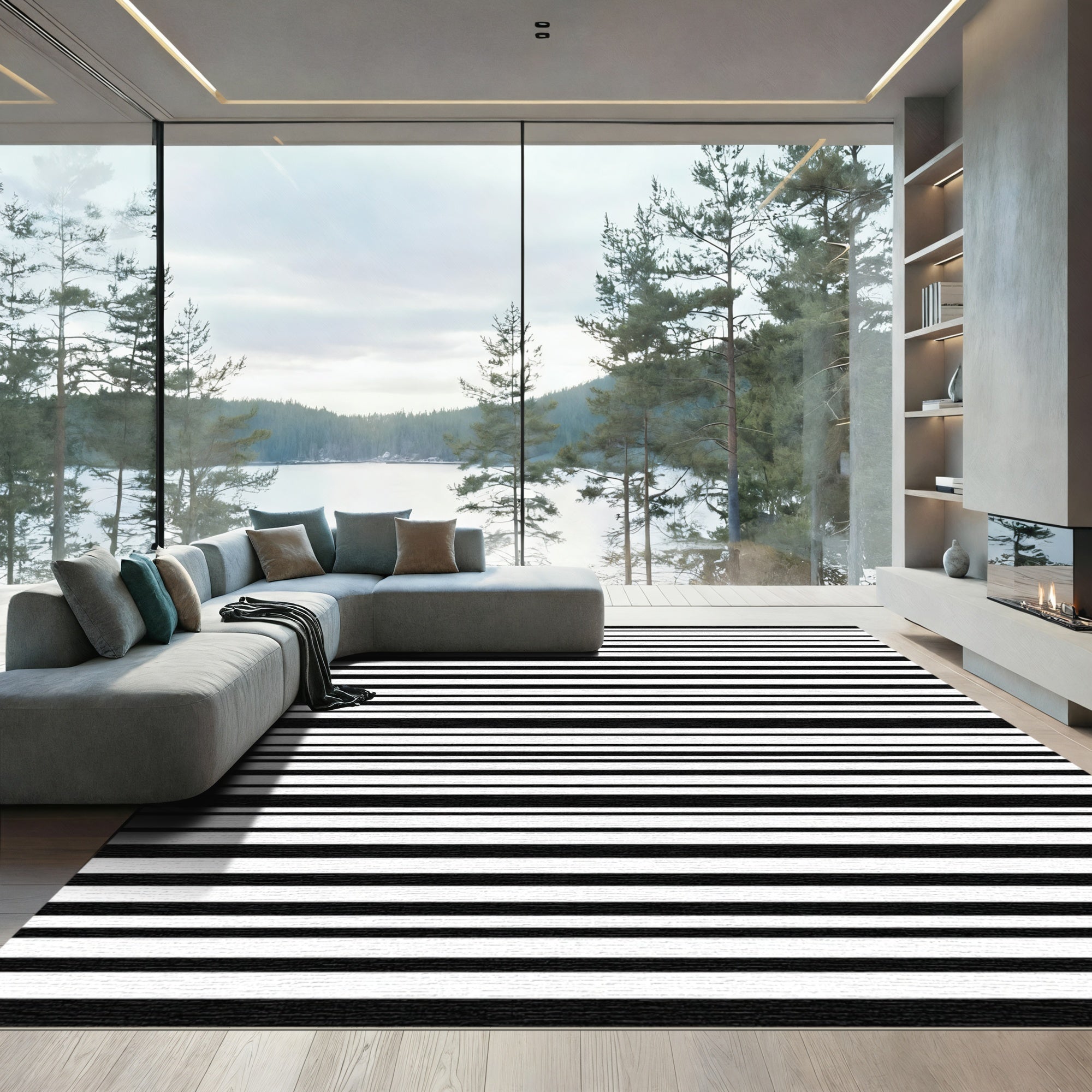 Bold Black White Striped Arrangement Rug