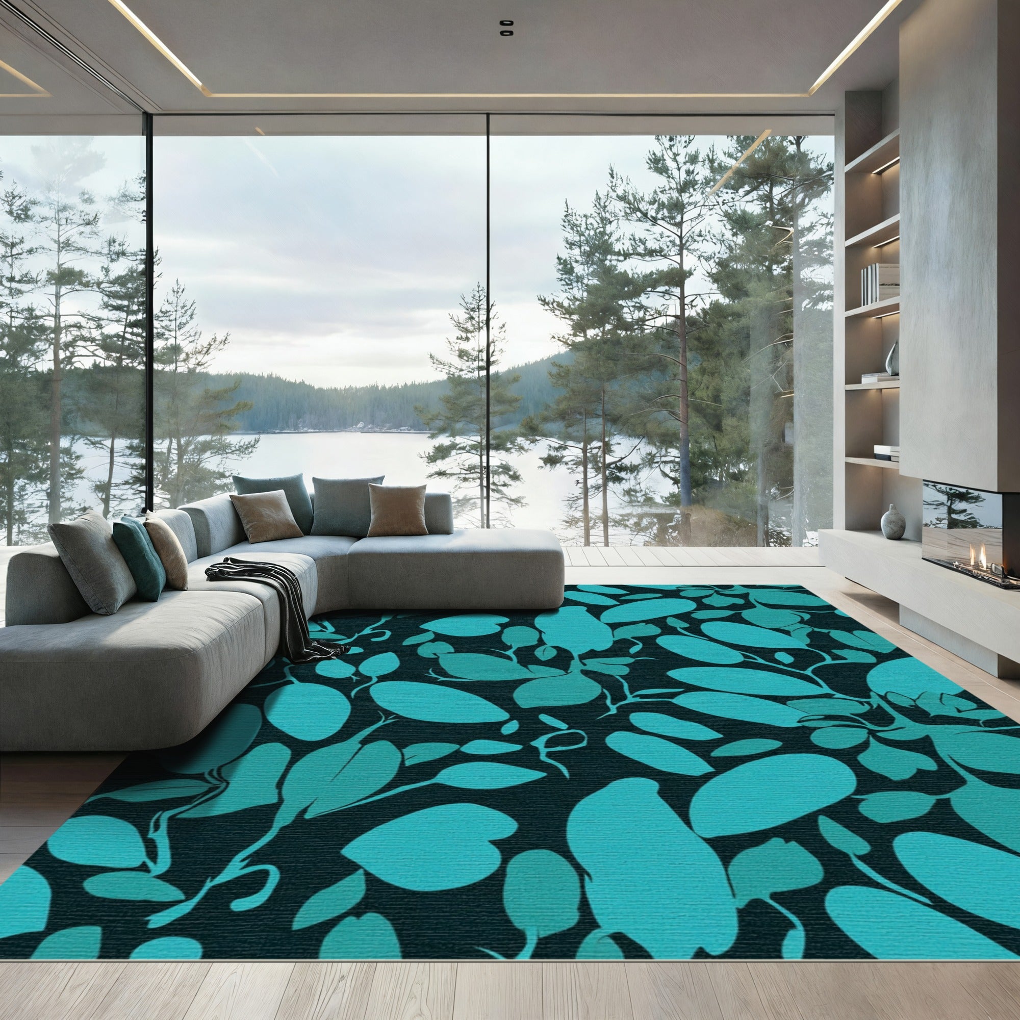 Teal Leafy Vine Silhouette Rug