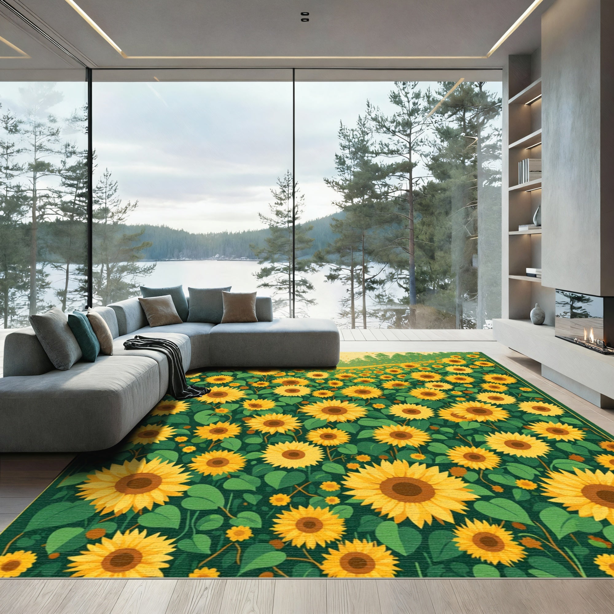 Golden Yellow Sunflower Garden Scene Rug
