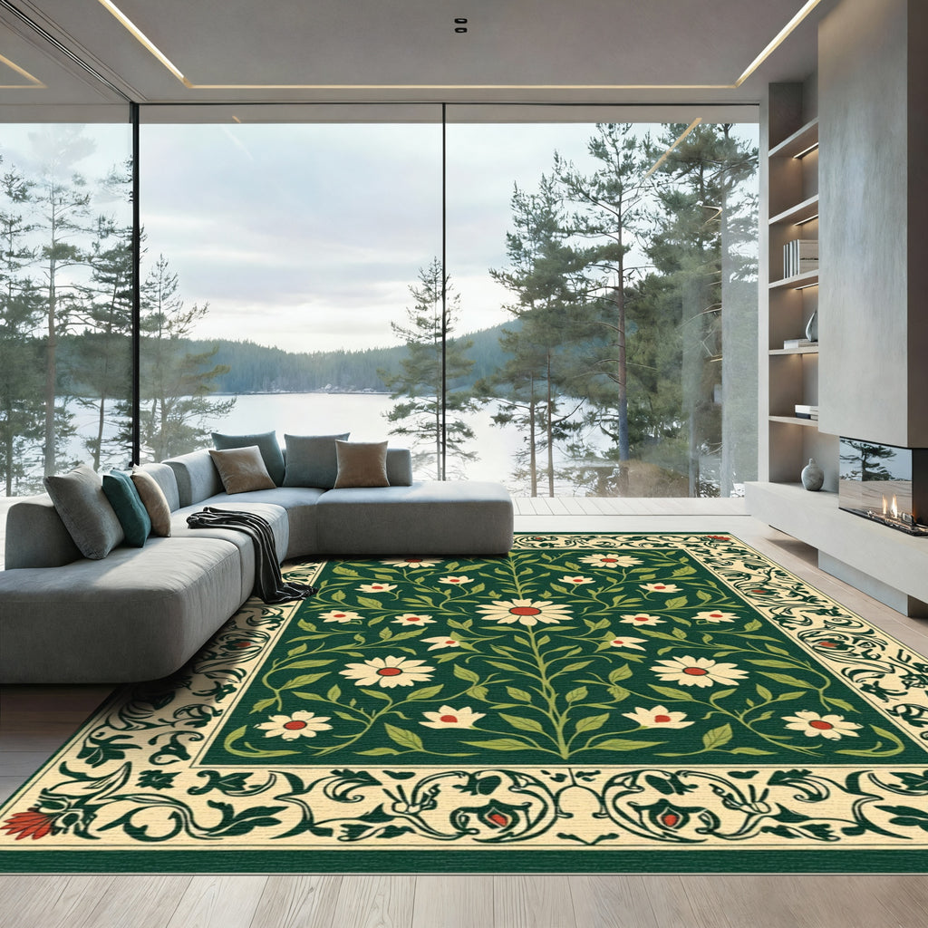 Emerald Green Floral Scroll Border Rug