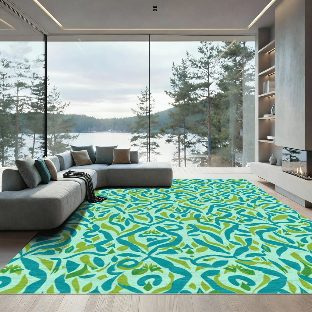 Teal Olive Flowing Abstract Medallion Rug