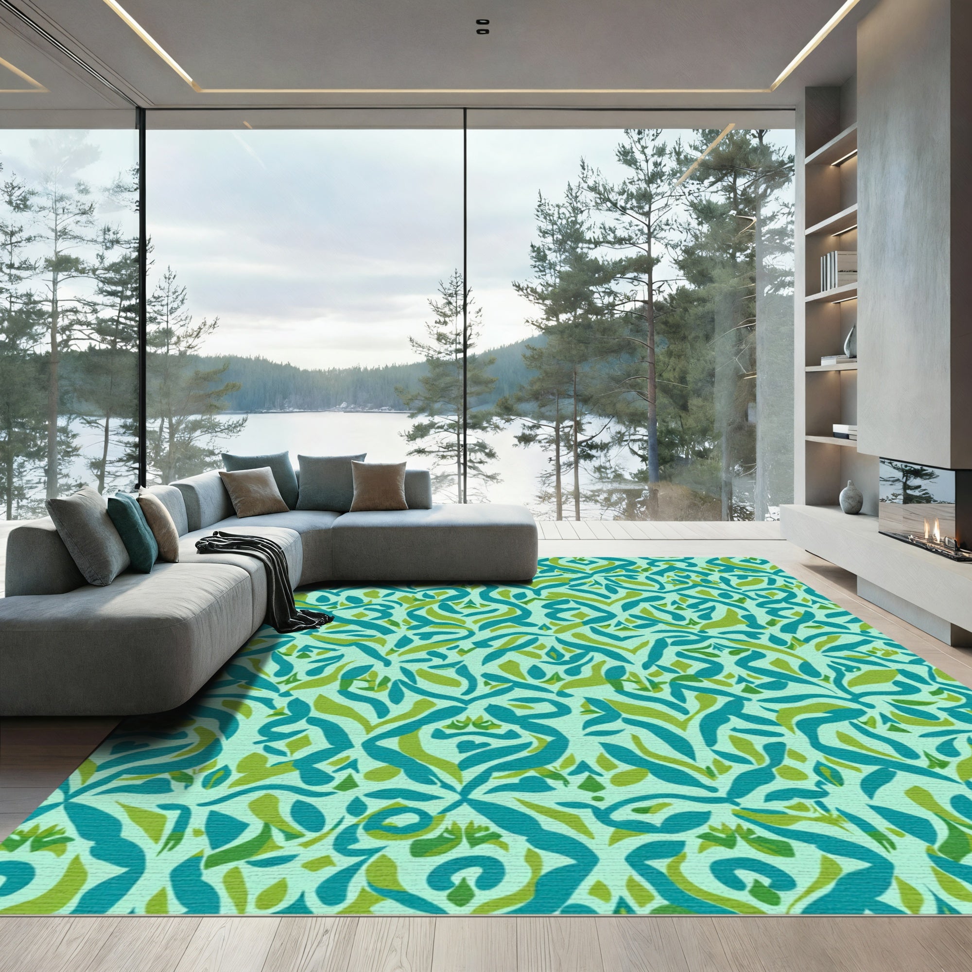 Teal Olive Flowing Abstract Medallion Rug