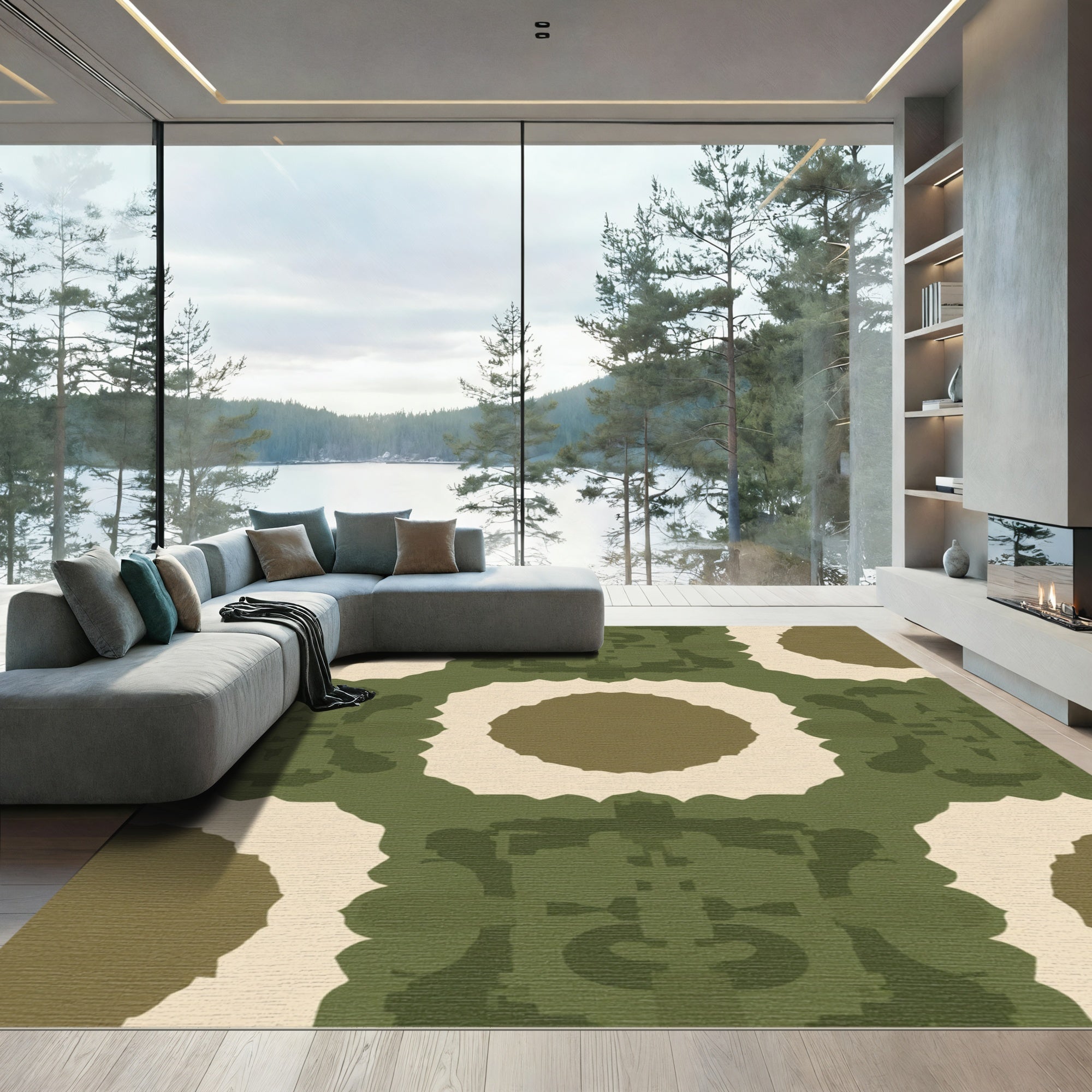 Earthy Green Ochre Symmetrical Medallion Rug
