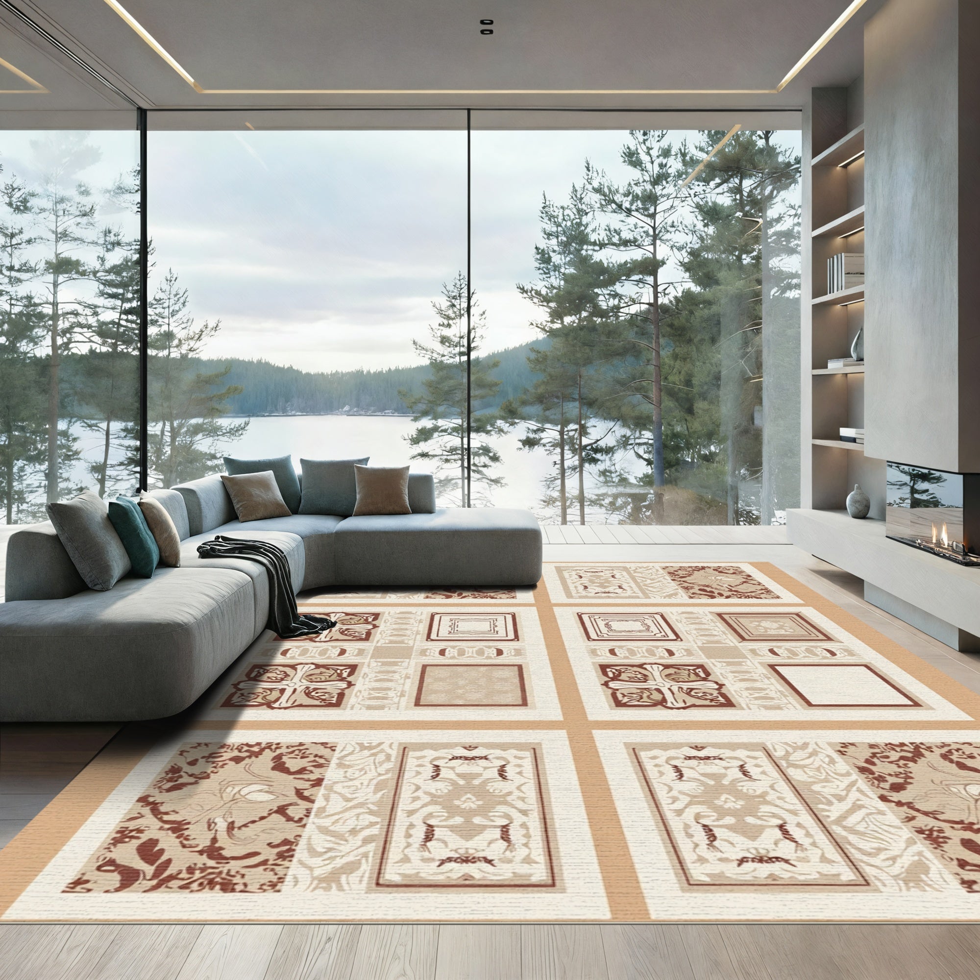 Rustic Red Brown Geometric Medallion Collage Rug
