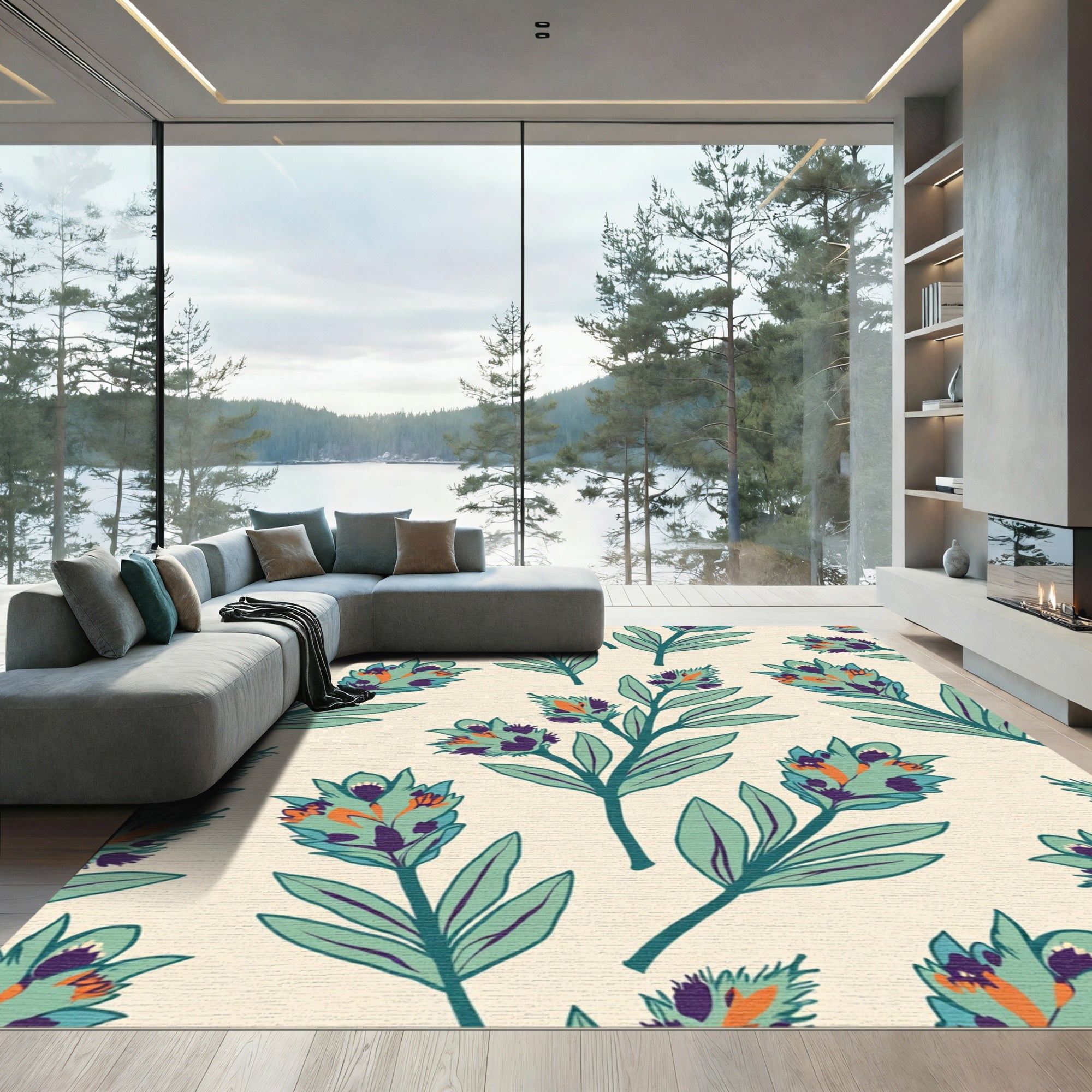 Teal Orange Botanical Blossom Statement Rug
