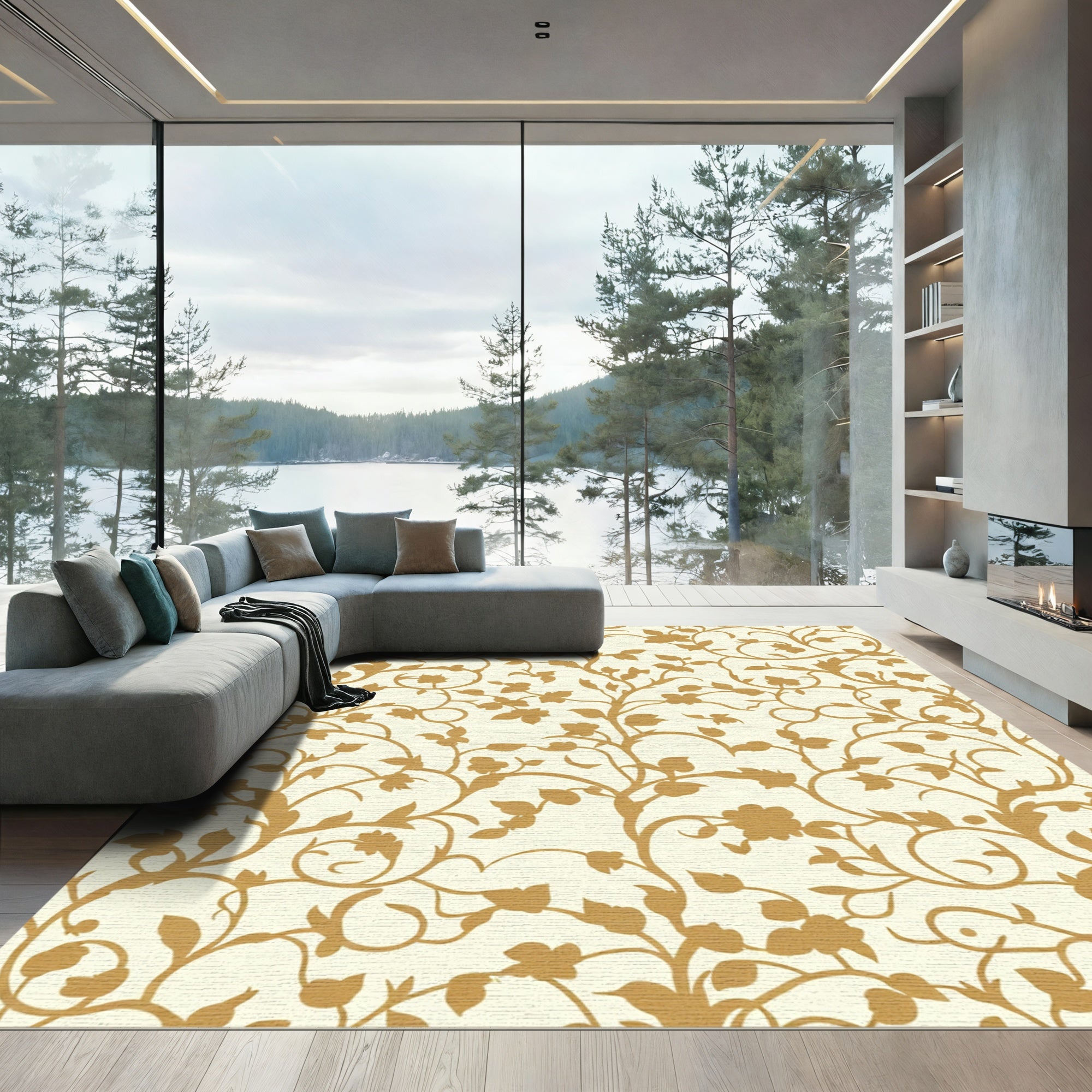 Golden Floral Vine Scroll Rug